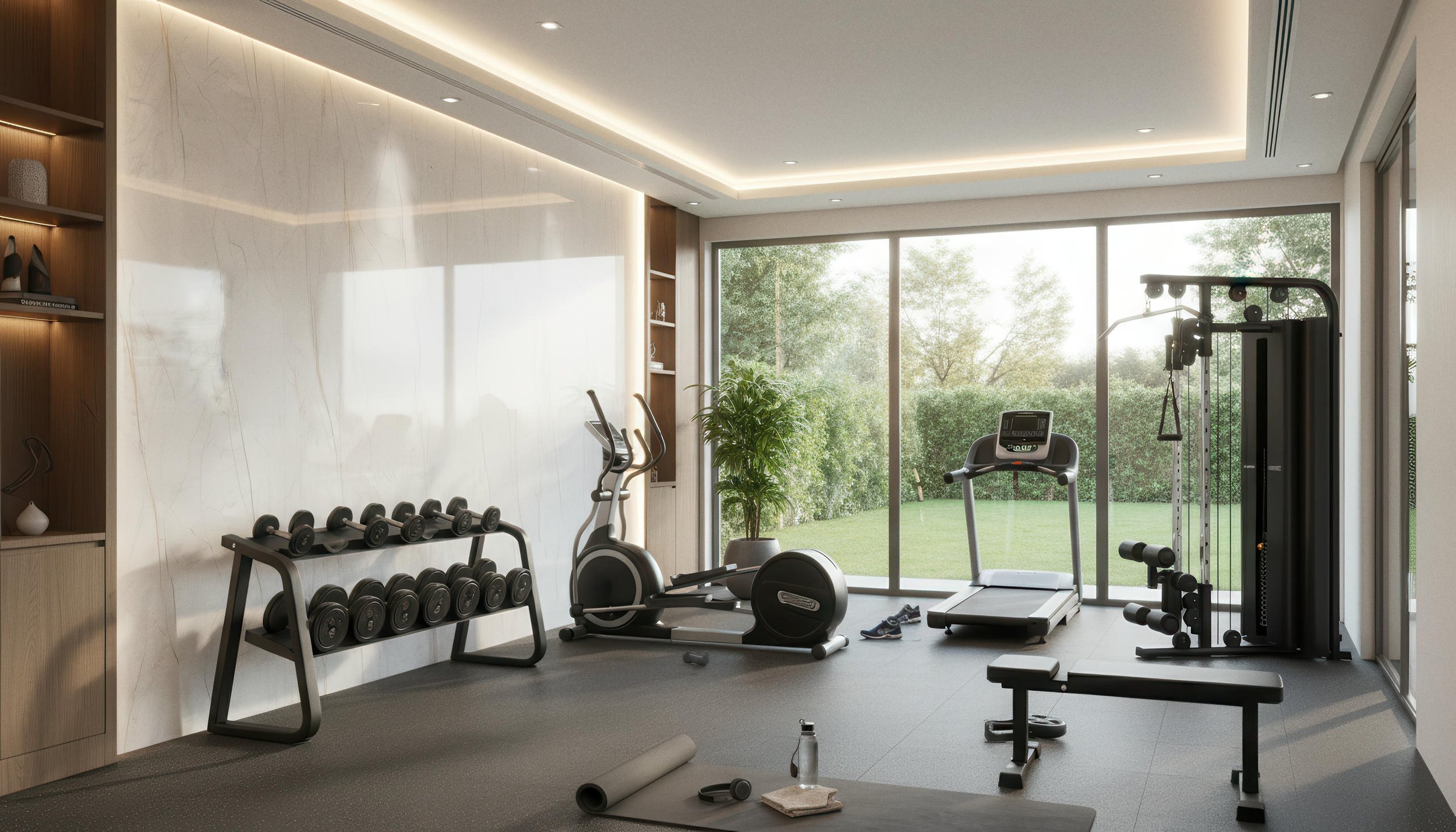 Modern Home Gym Setup With Statuario Pearl 4x9 Porcelain Slab Accent Wall | CIERO