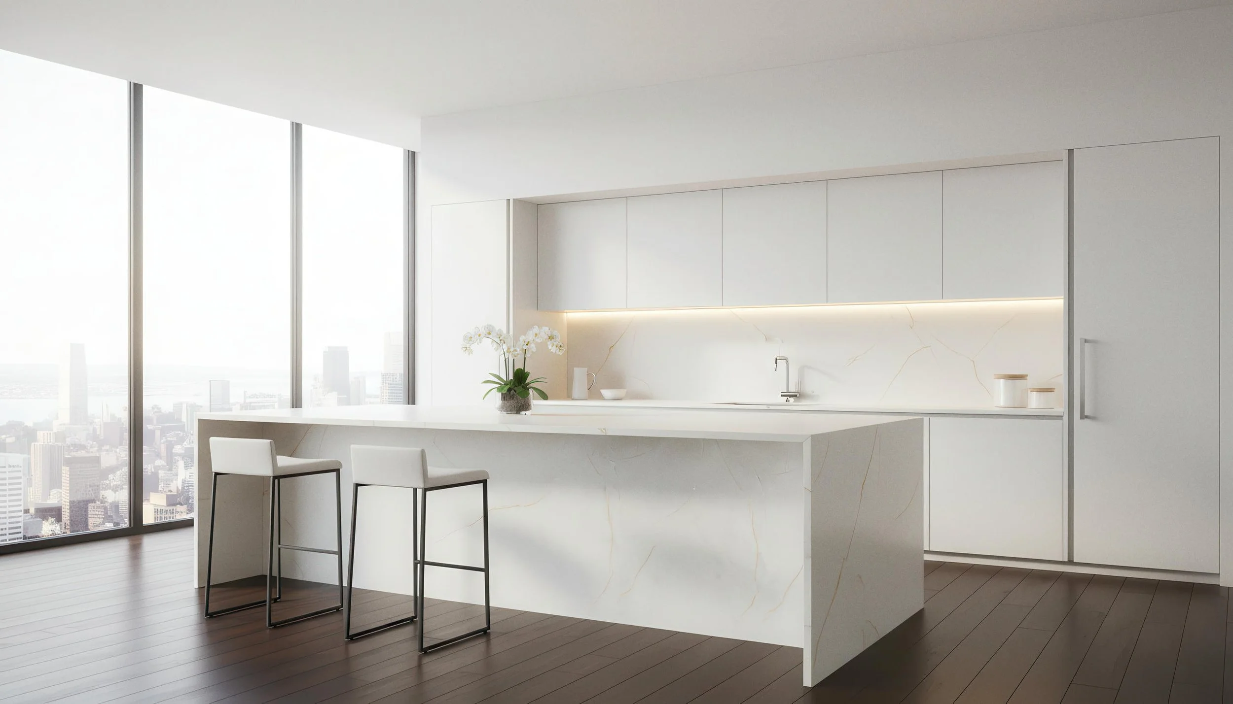Modern Kitchen With Onyx Light 4x10 Porcelain Slab Island | CIERO