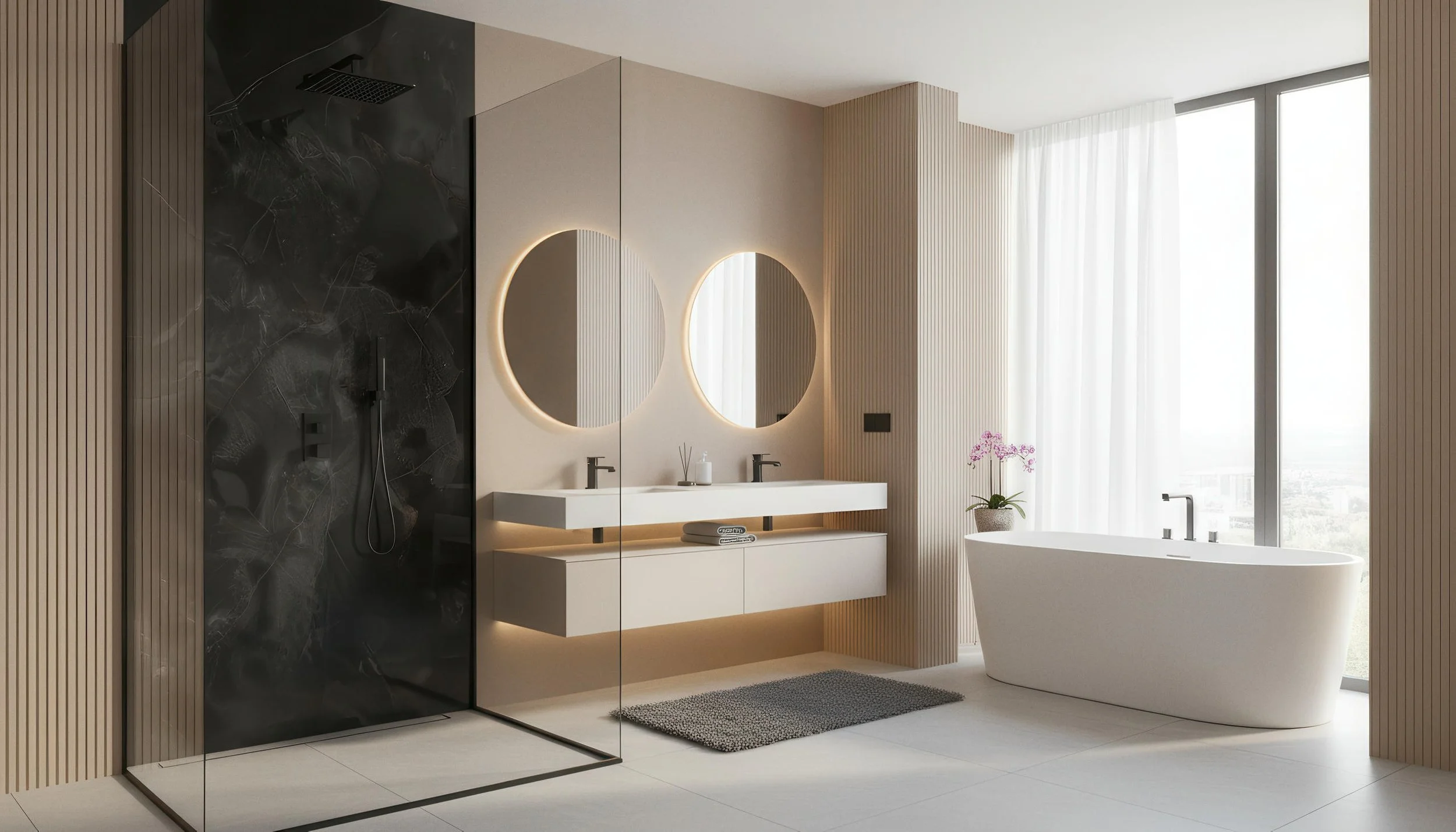 Modern Bathroom With Onyx Noir 4x10 Porcelain Slab Shower Wall | CIERO