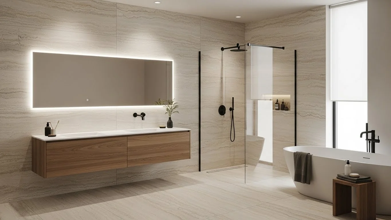 Modern BVathroom Utilizing Travertino Design