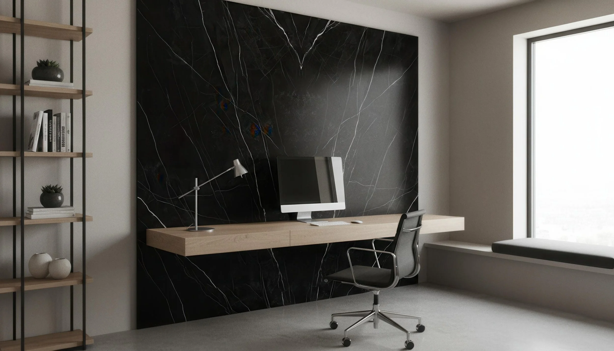 Modern home office with Nero Marquina 5x10 Porcelain Slab Featurewal| CIERO