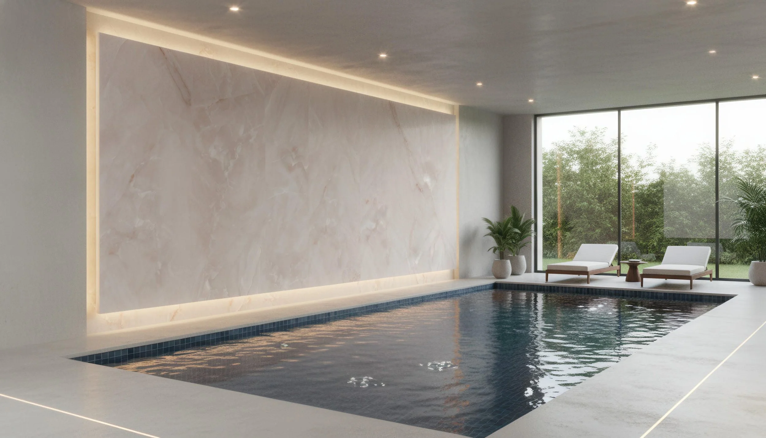 Modern Indoor Pool With Onyx Pink 4x10 Porcelain Slab Feature Walls | CIERO