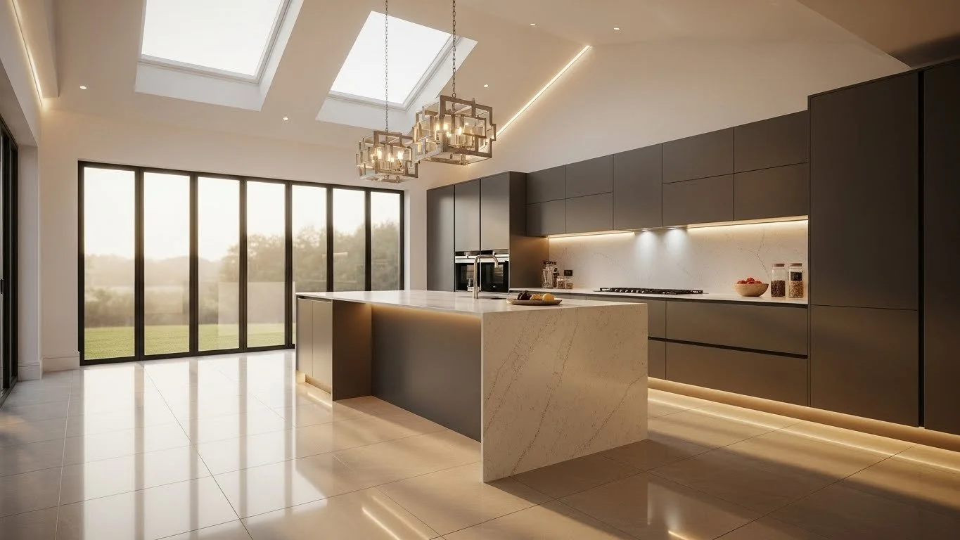 Modern Kitchen that utilizes Porcelain Tiles & Porcelain Slabs with Warm Tones