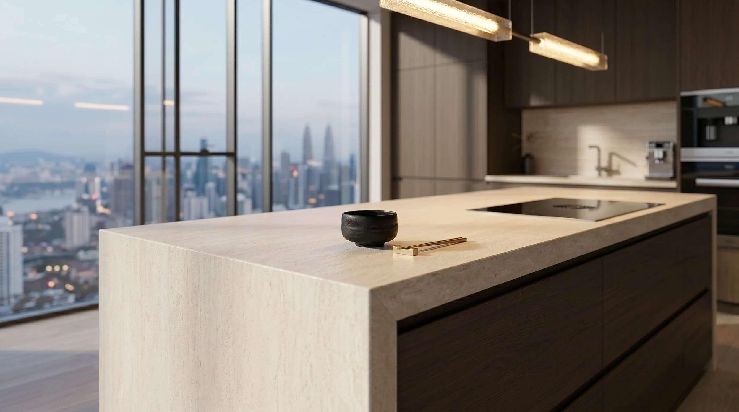 Travertino Porcelain Slab Kitchen Island | CIERO