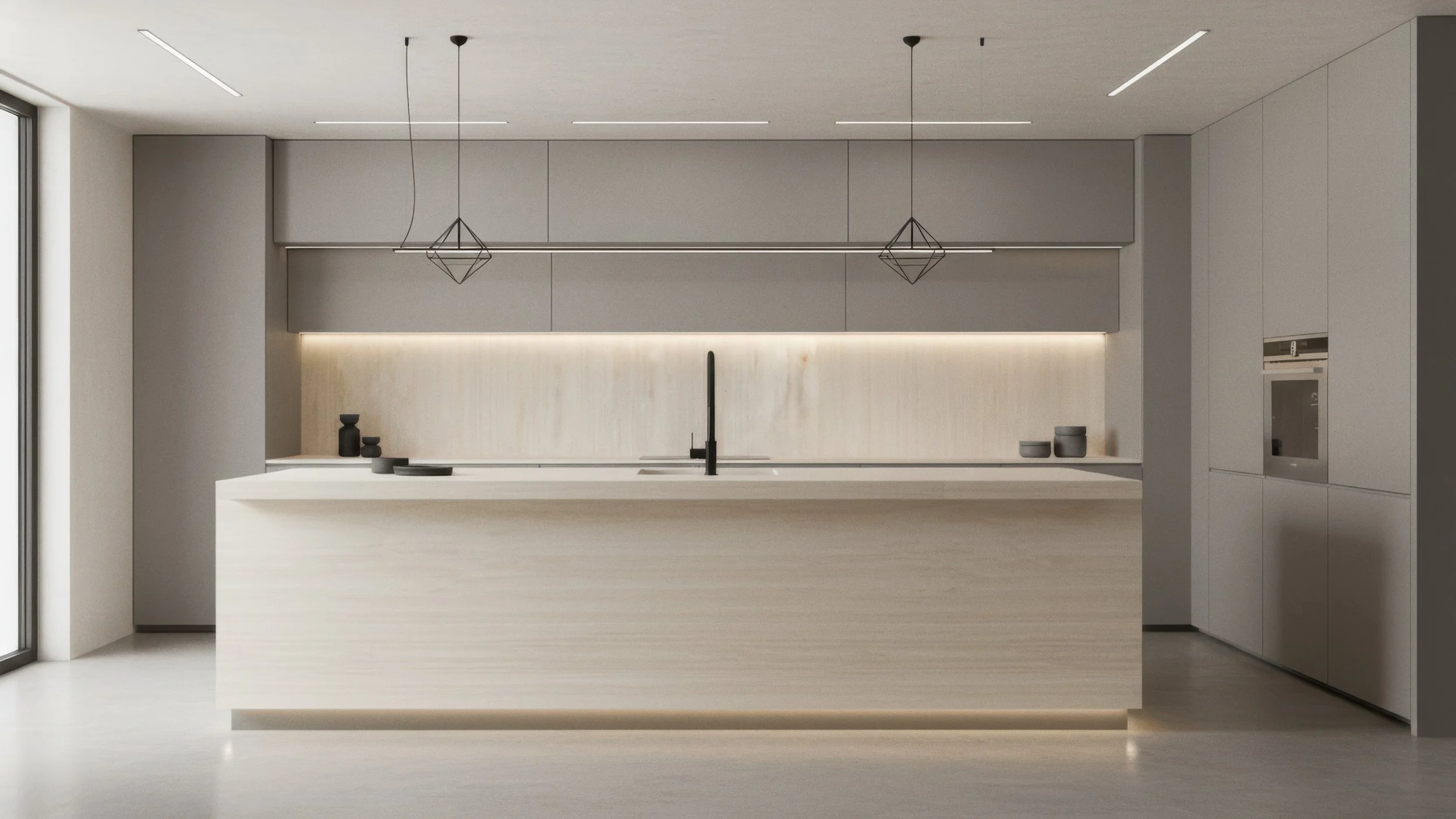 Modern kitchen with porcelain slab island with travertino design