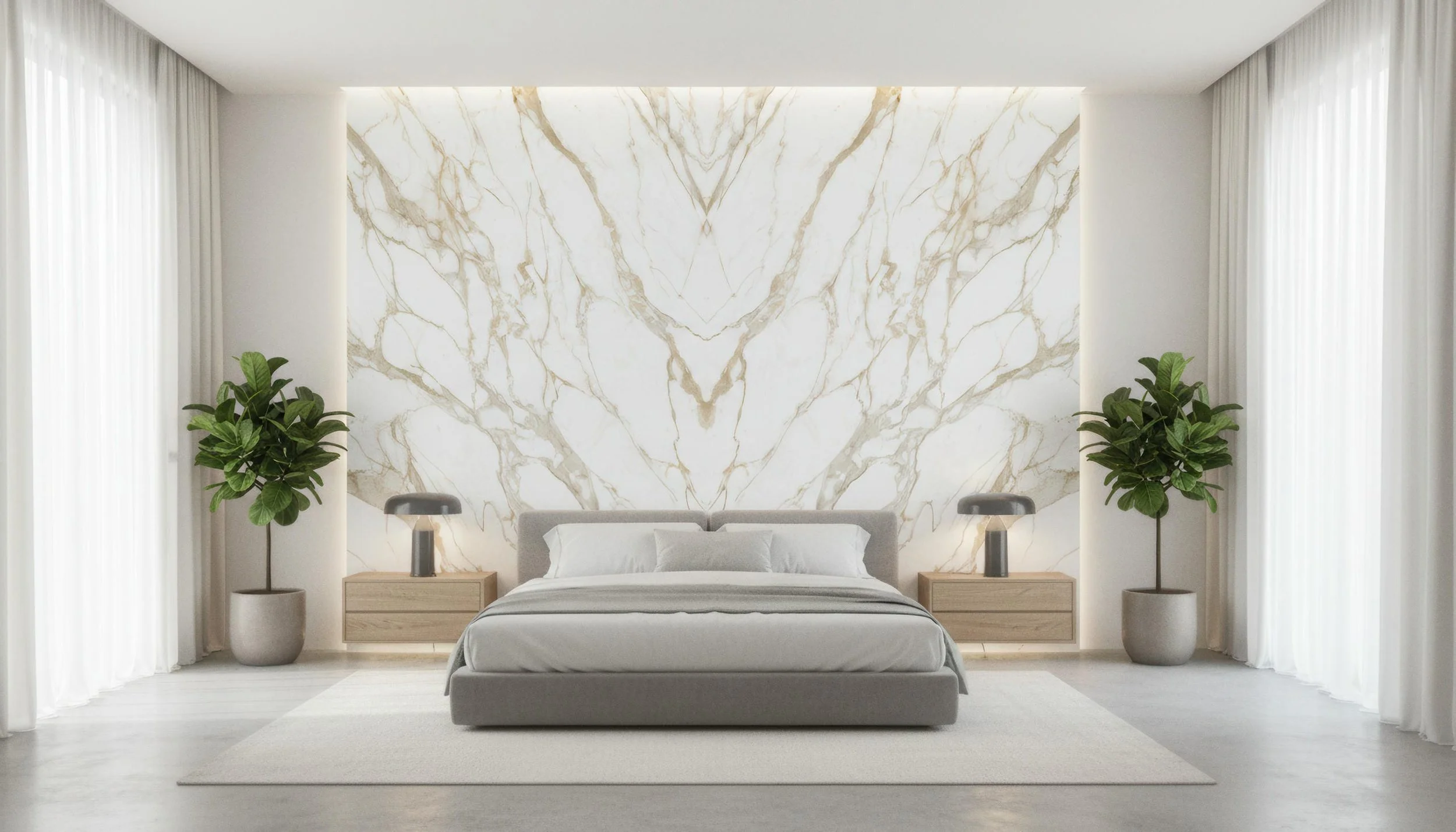 Modern Bedroom with Givenchy Gold 5x10 Porcelain Slab Featurewall