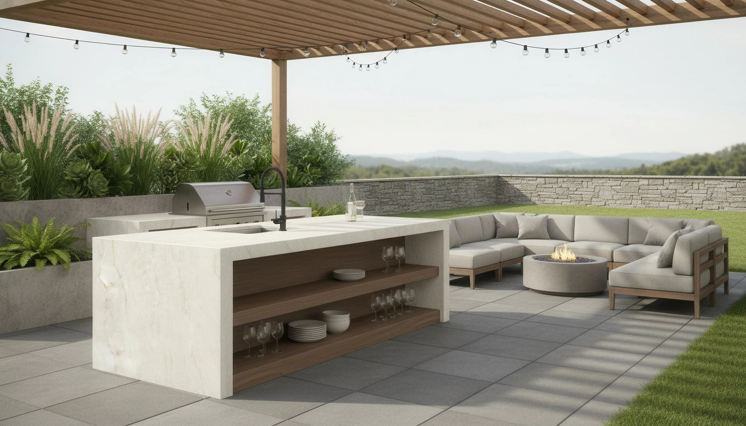 Modern Outdoor Kitchen with Taj Mahal 5x10 Porcelain Slab Island | CIERO