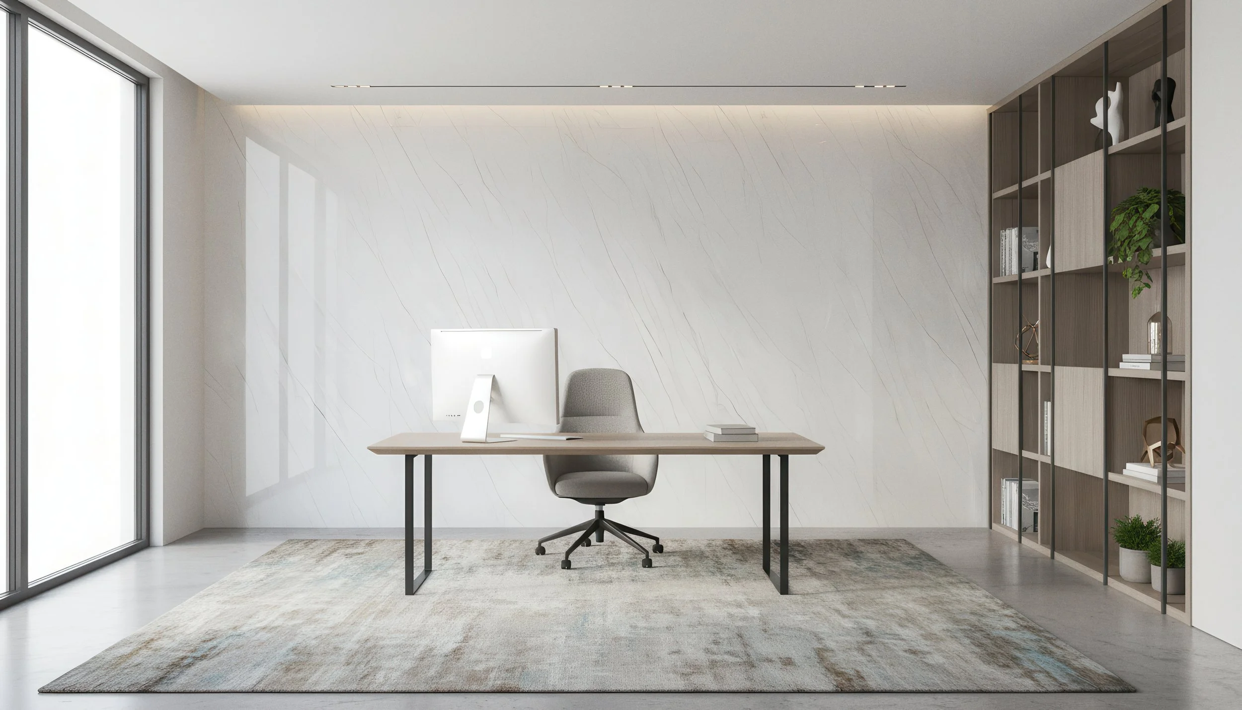 Modern Home Office Setup With Ashen Slate 4x9  Porcelain Slab Accent Feature Wall | CIERO