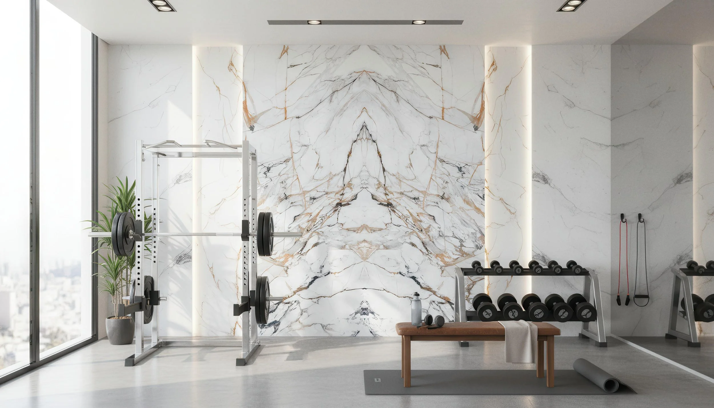 Modern Home Gym Setup With Gilt Year 4x9 Porcelain Slab Accent Wall | CIERO INC