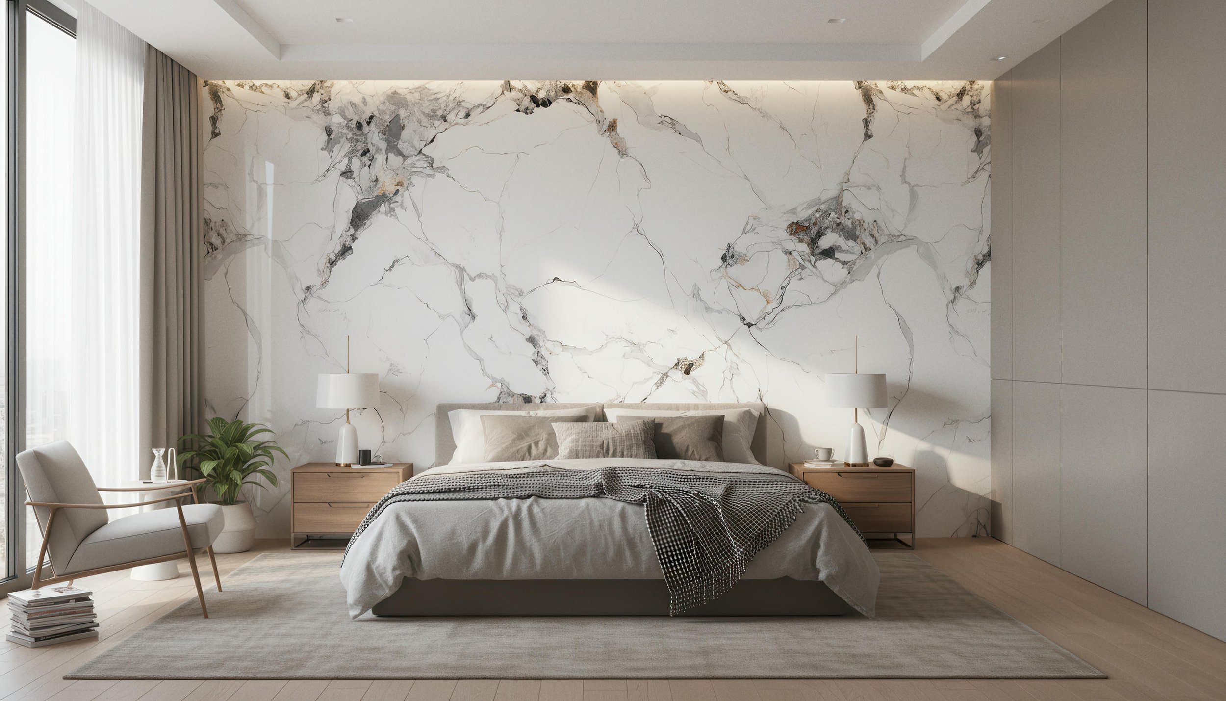 Modern Bedroom With Arden Gold 4x9 Porcelain Slab Accent Wall | CIERO INC