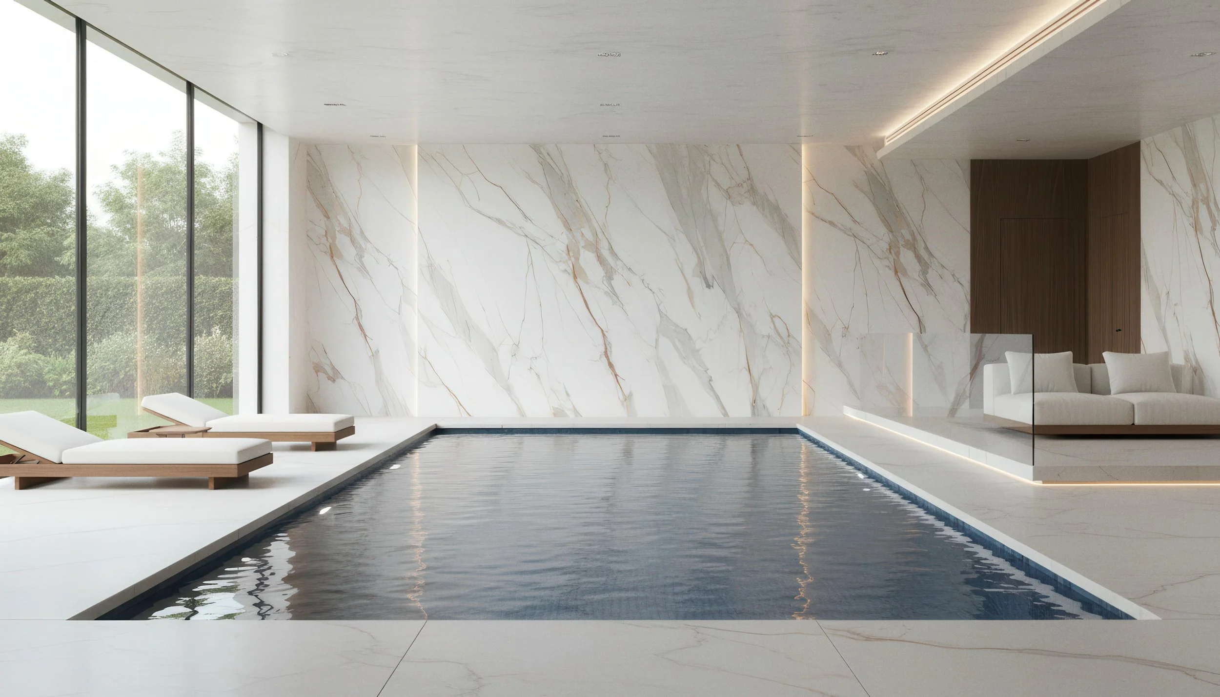 Modern Home Pool With Viola Gold 4x9 Porcelain Slab Accent Wall | CIERO