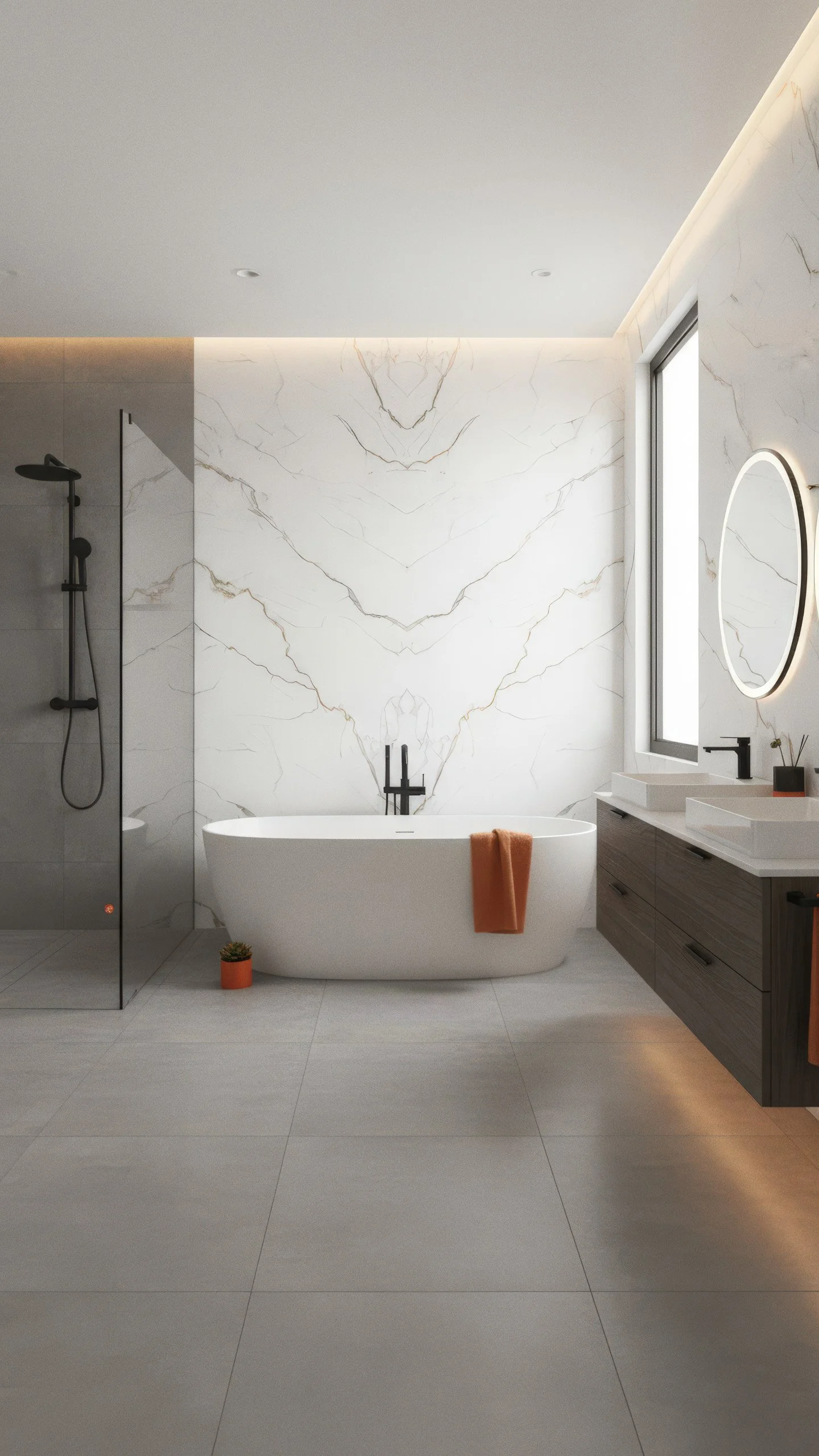 Modern bathroom with calacatta polido porcelain slab bookmatch as featurewall installation