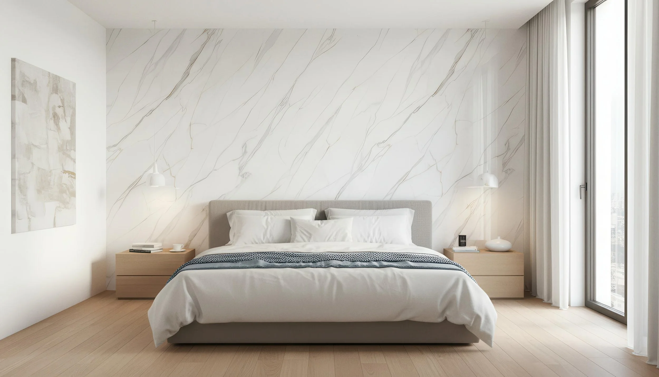 Modern Bedroom with Karami White 4x10 Porcelain Slab Feature Wall | CIERO
