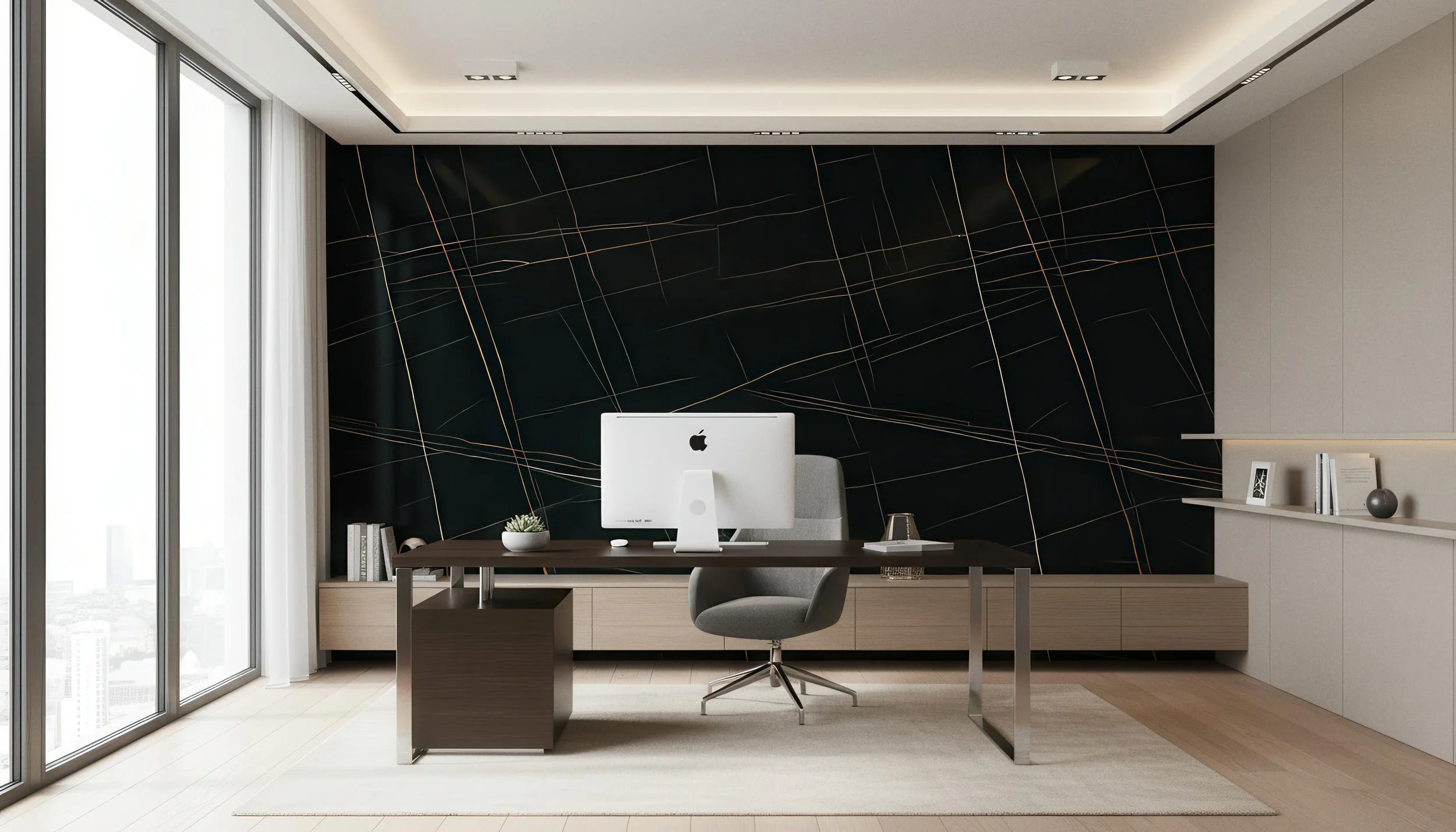 Modern home Office With Laurent Gilded Black 5x10 Porcelain Slab Accent Wall | CIERO INC
