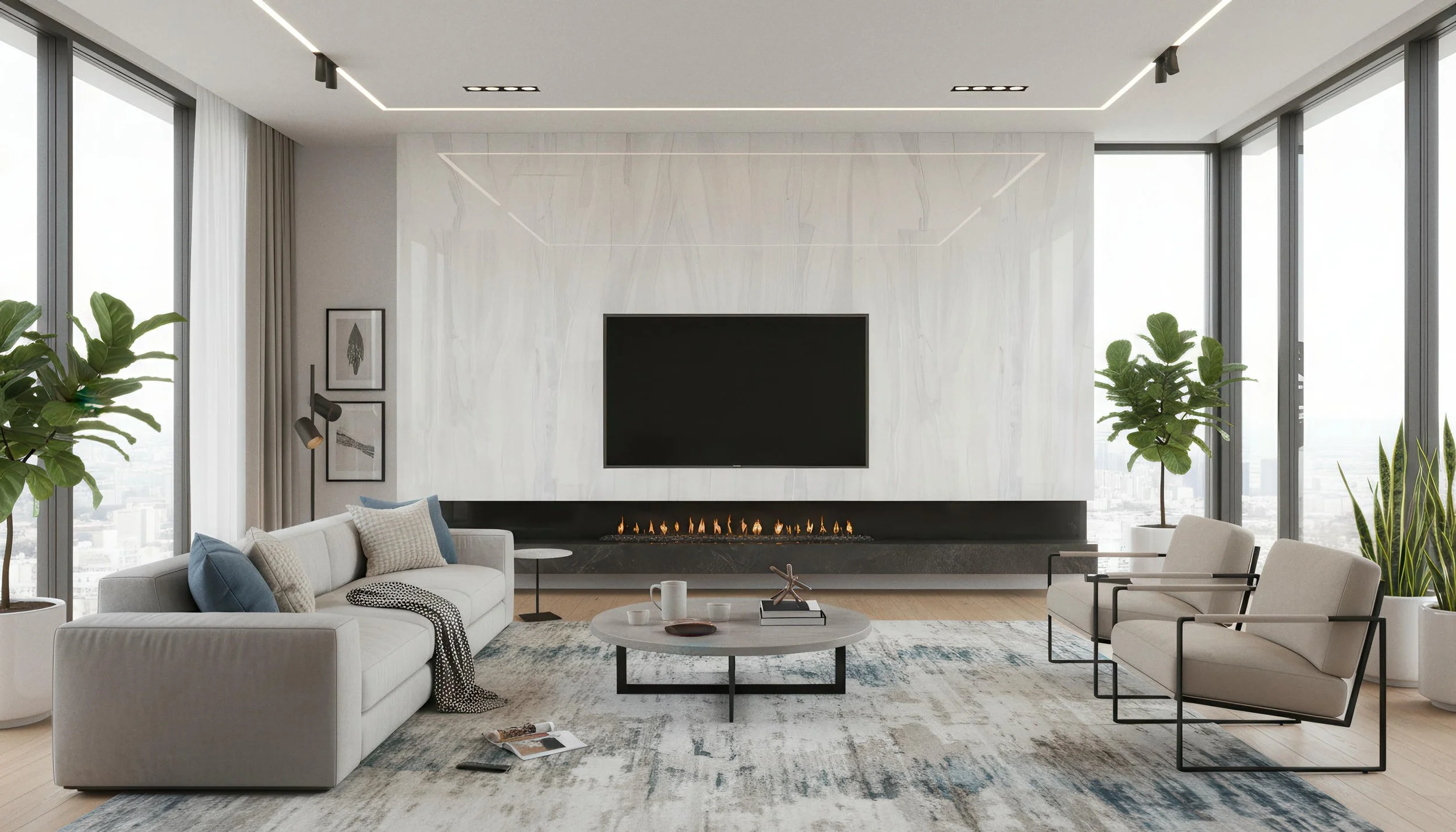 Modern Livingroom With Polaris White 4x9 Porcelain Slab Fireplace Featurewall | CIERO INC