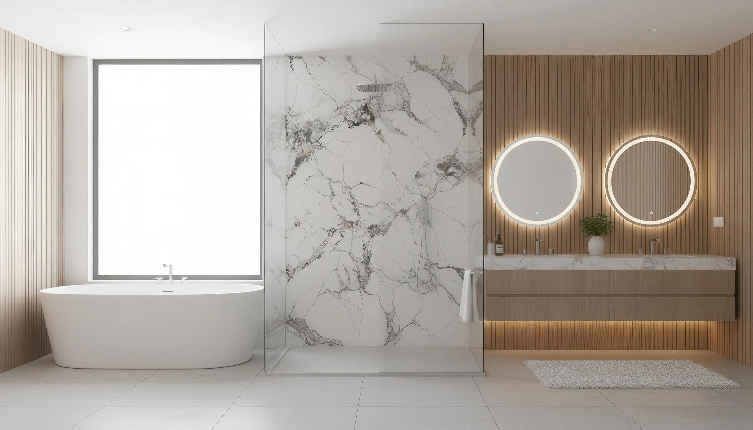 Modern Bathroom With Arden Gold 4x9 Porcelain Slab Shower Wall | CIERO INC