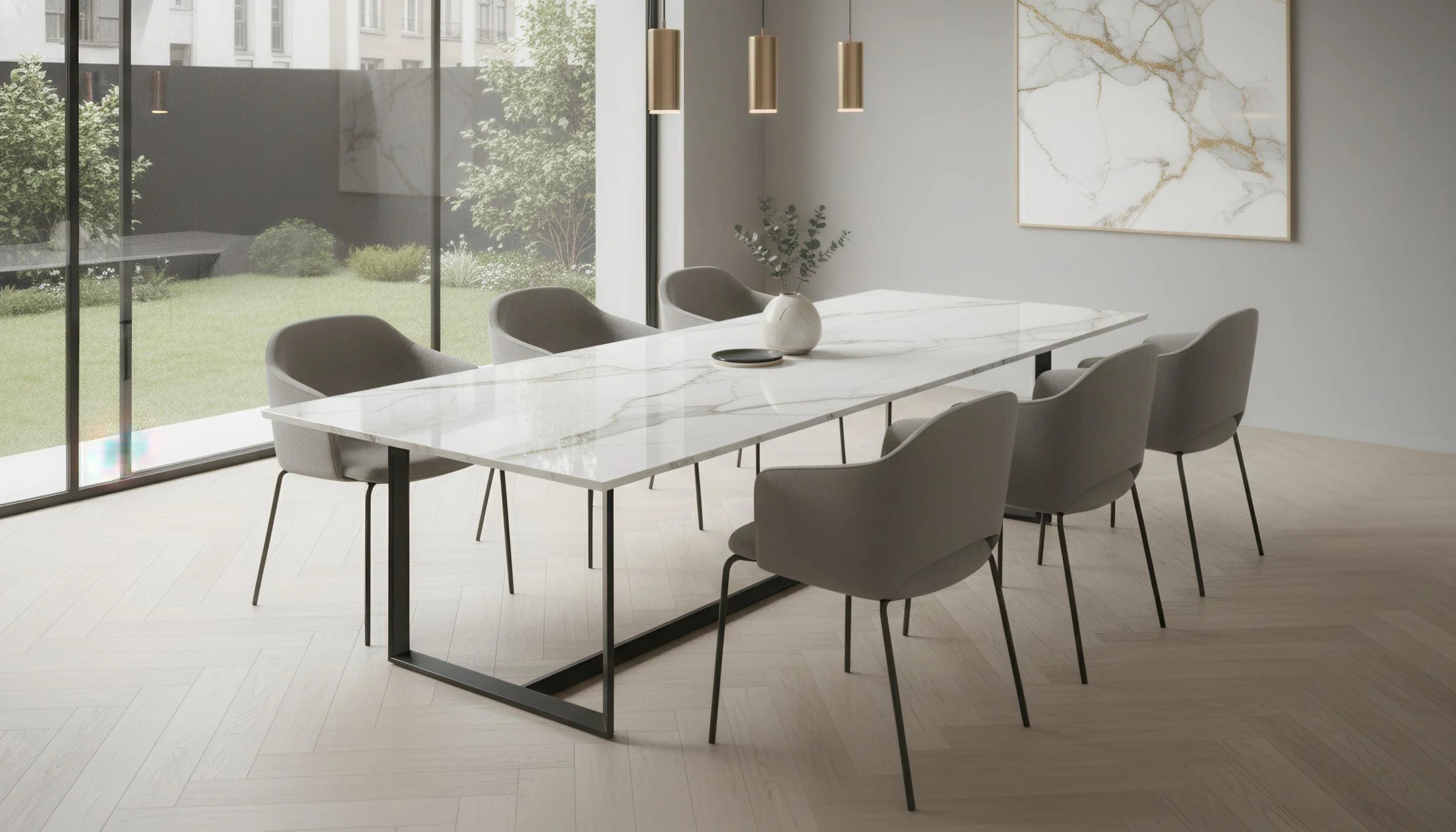 Modern Dining Table made with Calacatta Gold 5x10 Porcelain Slab | CIERO