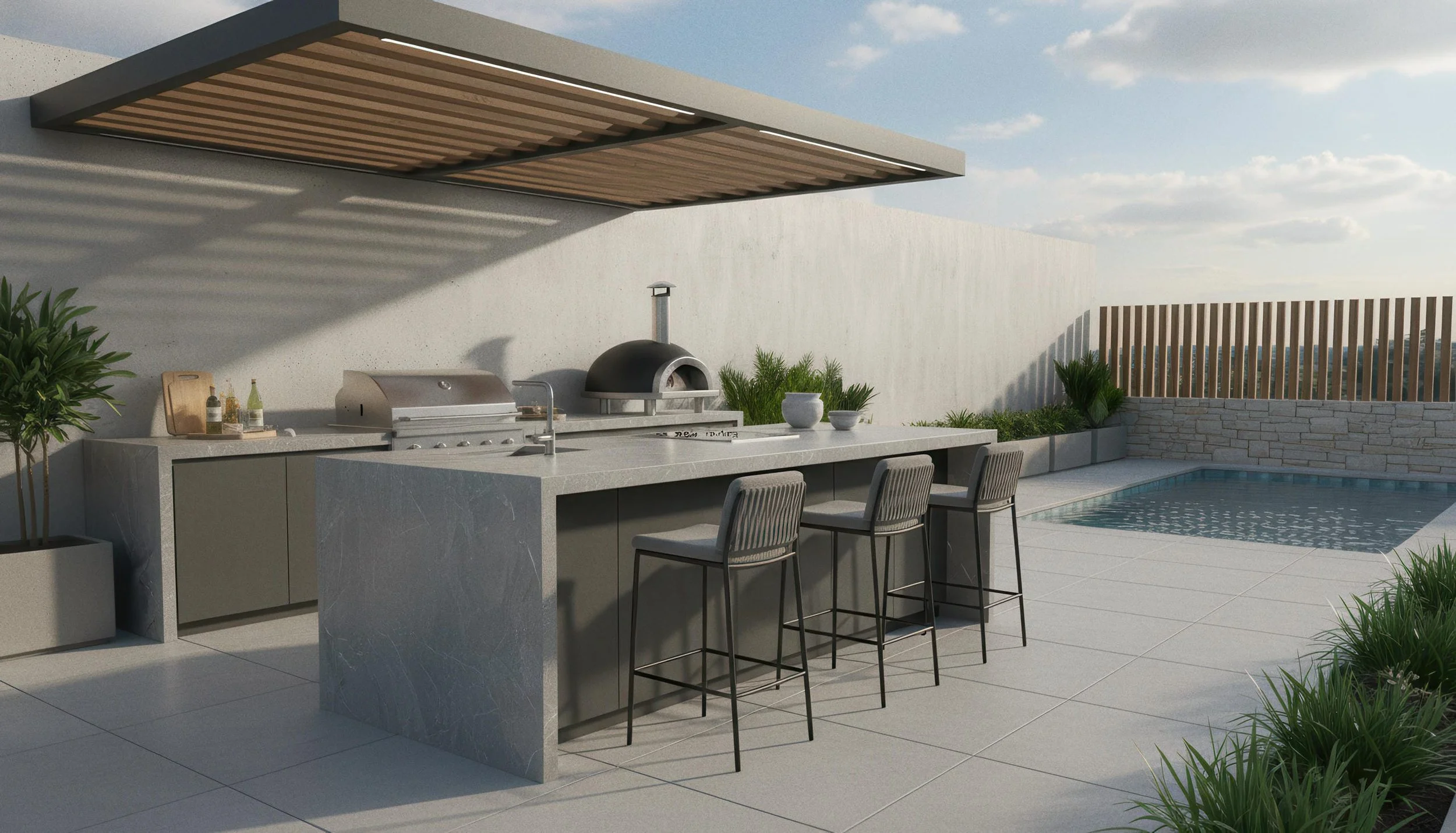 Modern Outdoor Kitchen With Tempest 4x10 Porcelain Slab Island | CIERO