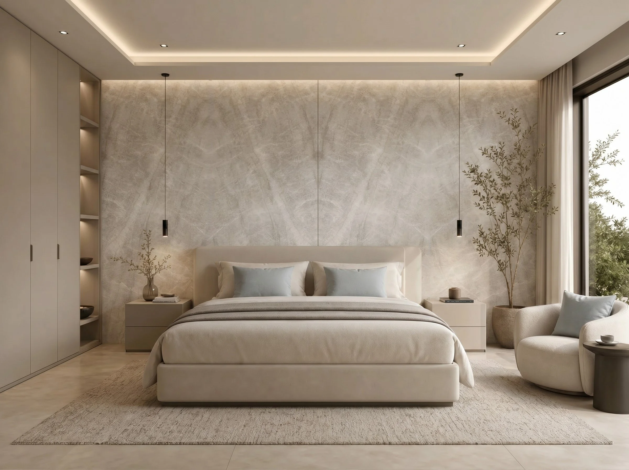 Modern Bedroom With Taj Mahal Bookmatch Back Wall | CIERO