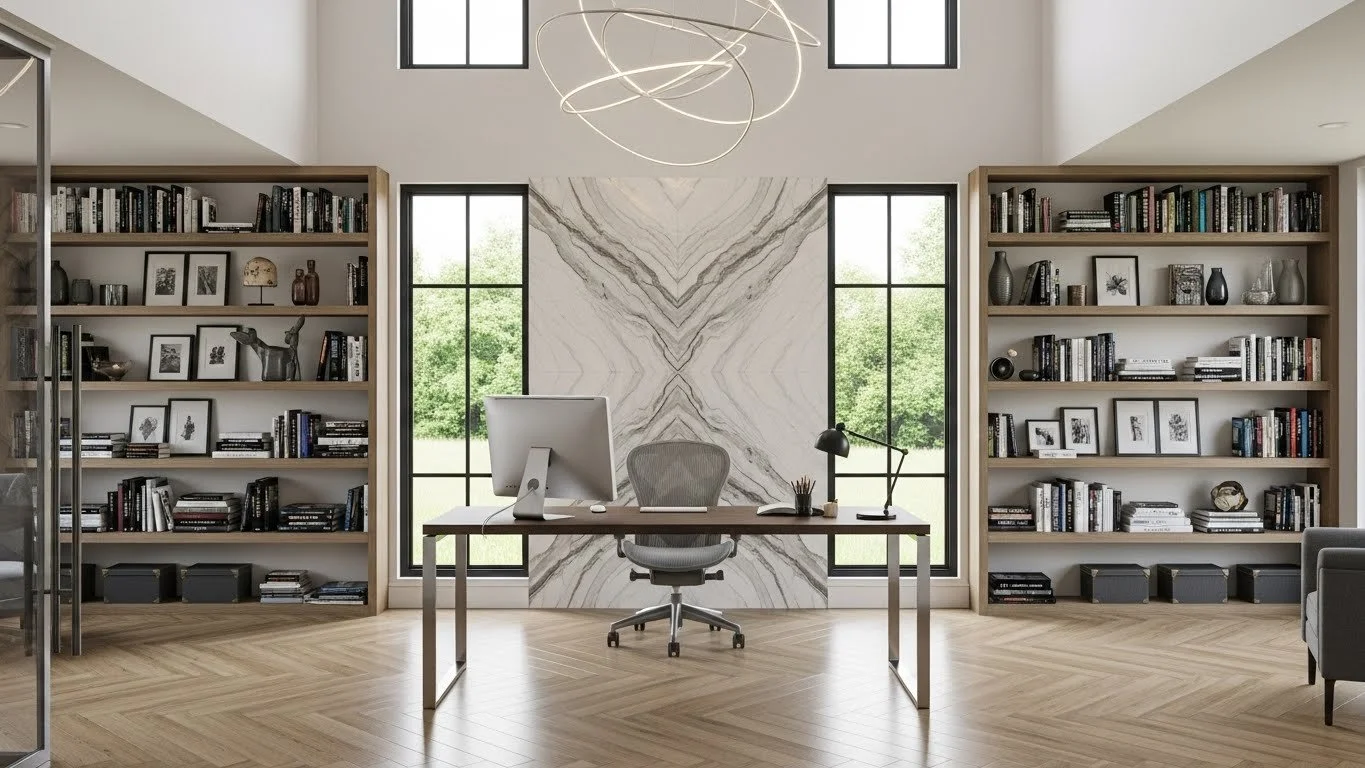 Modern Office With High Ceilings and Bookshelf With Bookmatch Porcelain Slab Feature Wall
