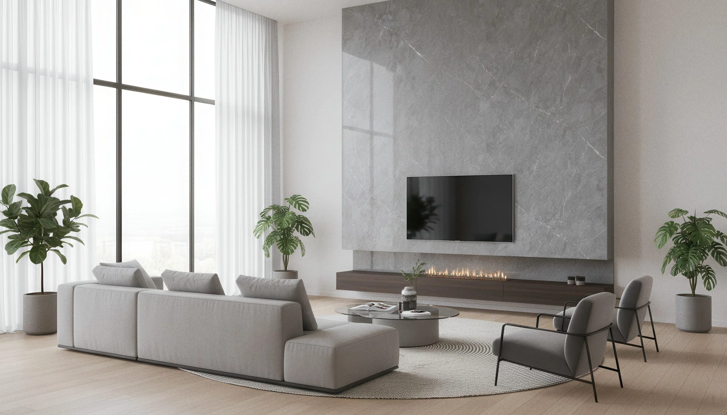 Modern Livingroom with Tempest 4x10 Porcelain Slab Fireplace Featurewall | CIERO