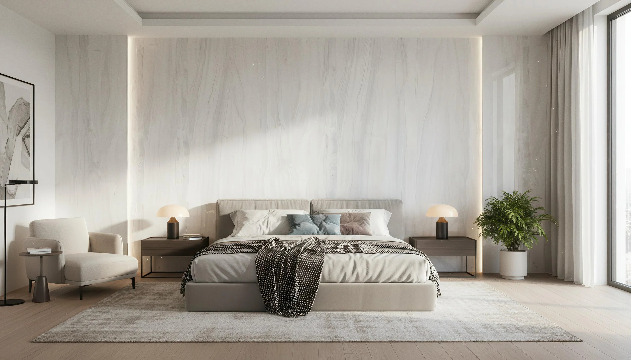 Modern Bedroom With Polaris White 4x9 Porcelain Slab Accent Wall | CIERO INC