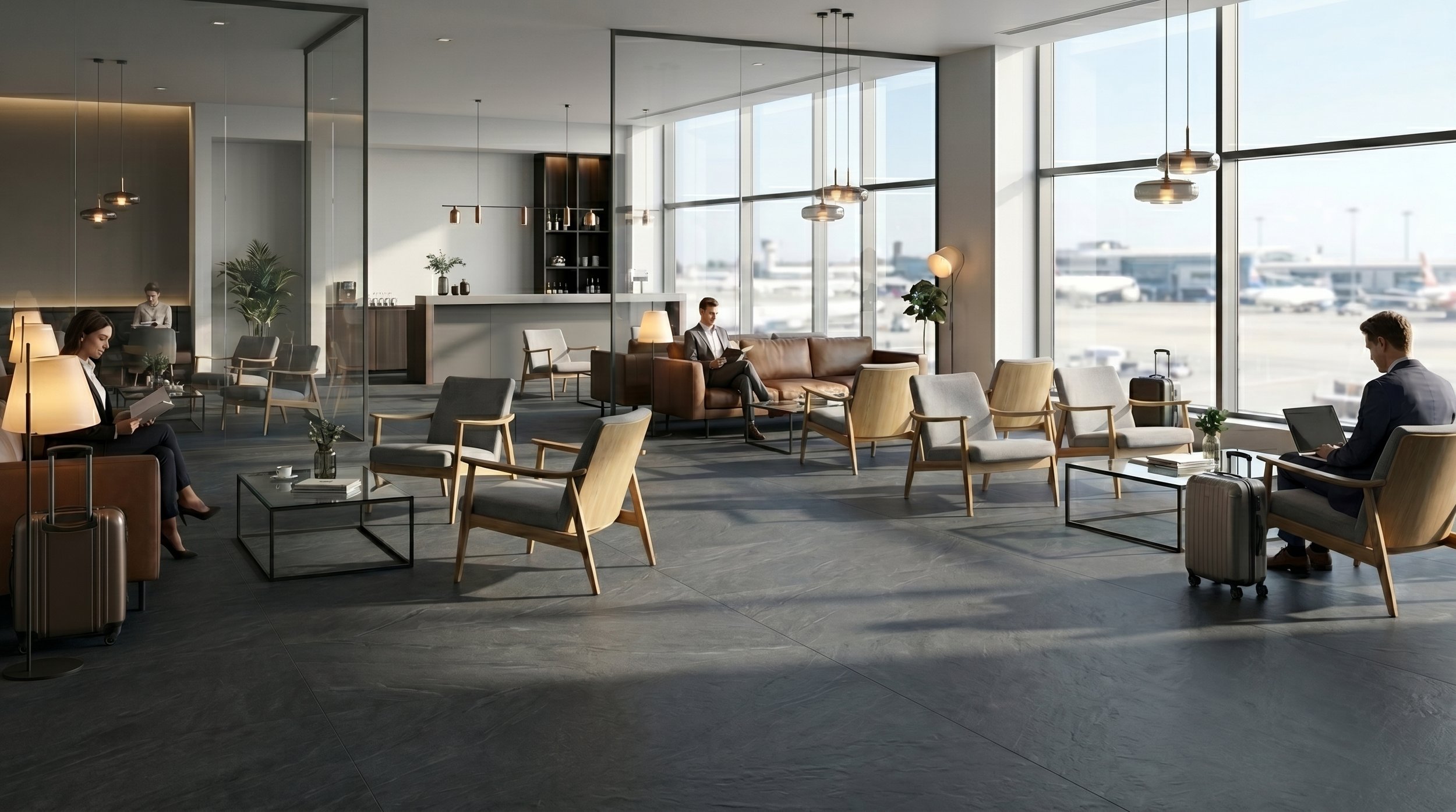 High End Airport Lounge With Laminam Pietra Di Cardoso Porcelain Slab Flooring