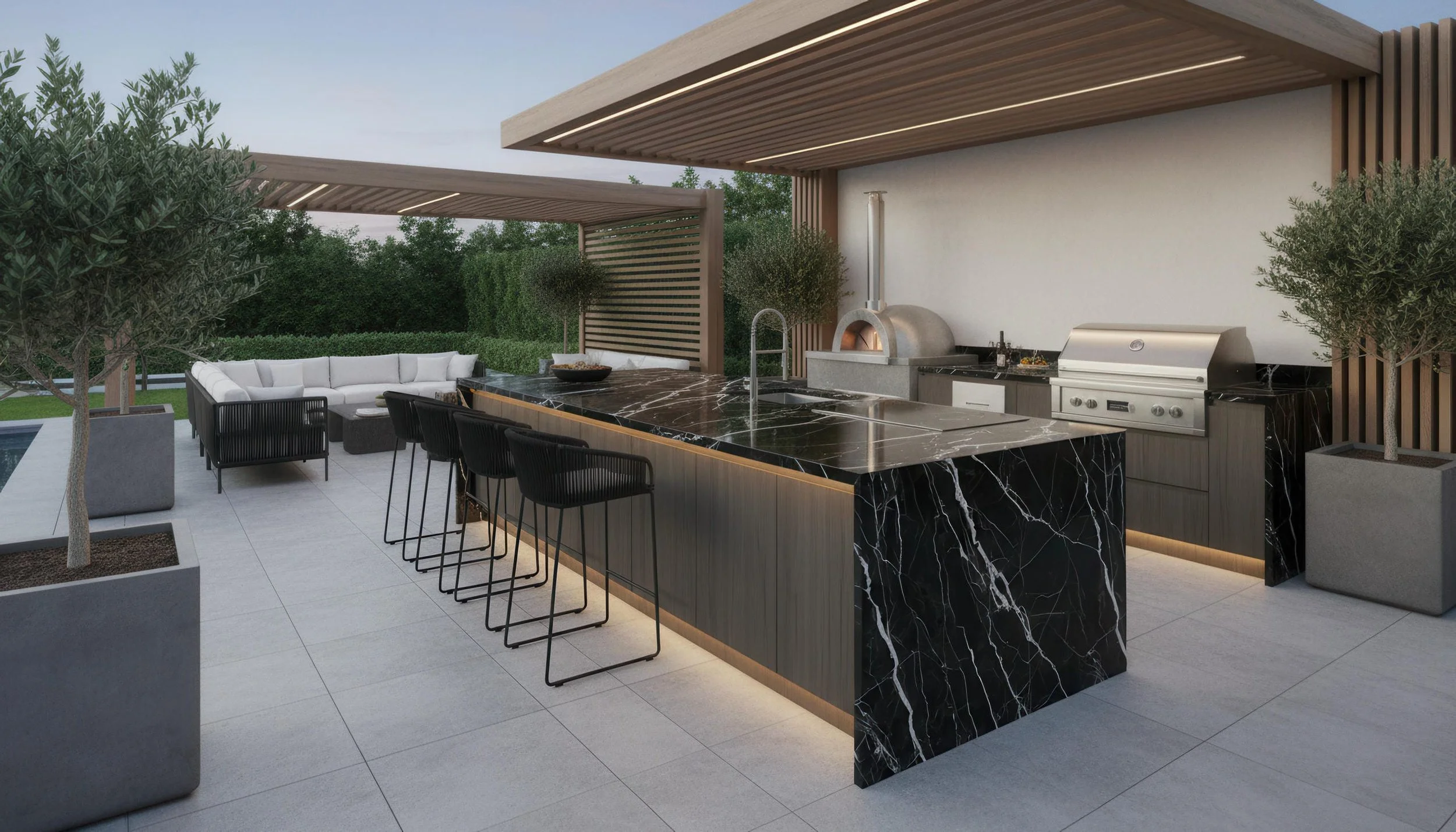 Modern outdoor Kitchen with Starry Seine 5x10 Porcelain Slab Island | CIERO