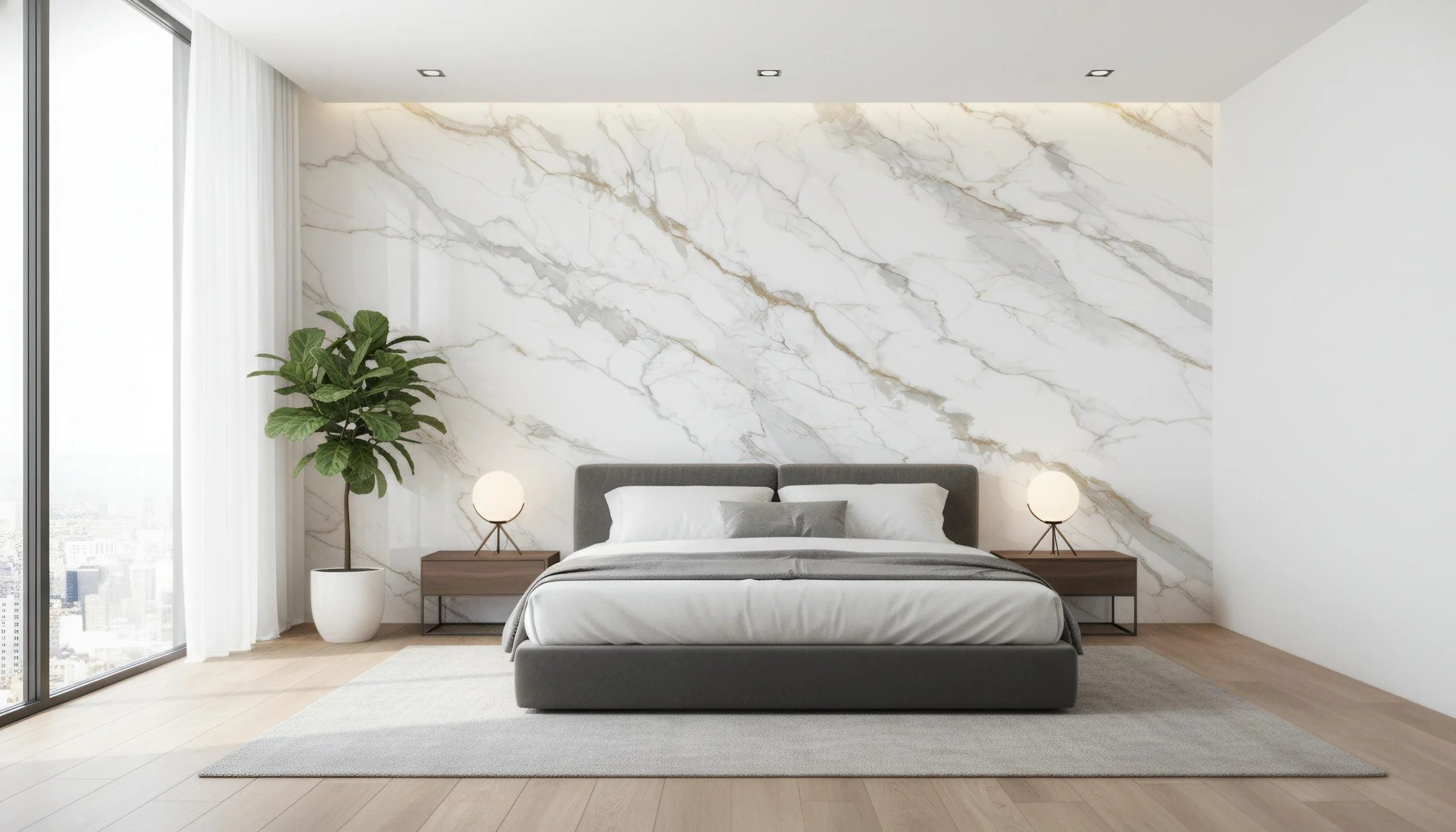 Modern bedroom with Calacatta Gold 5x10 Porcelain Slab Feature wall| CIERO