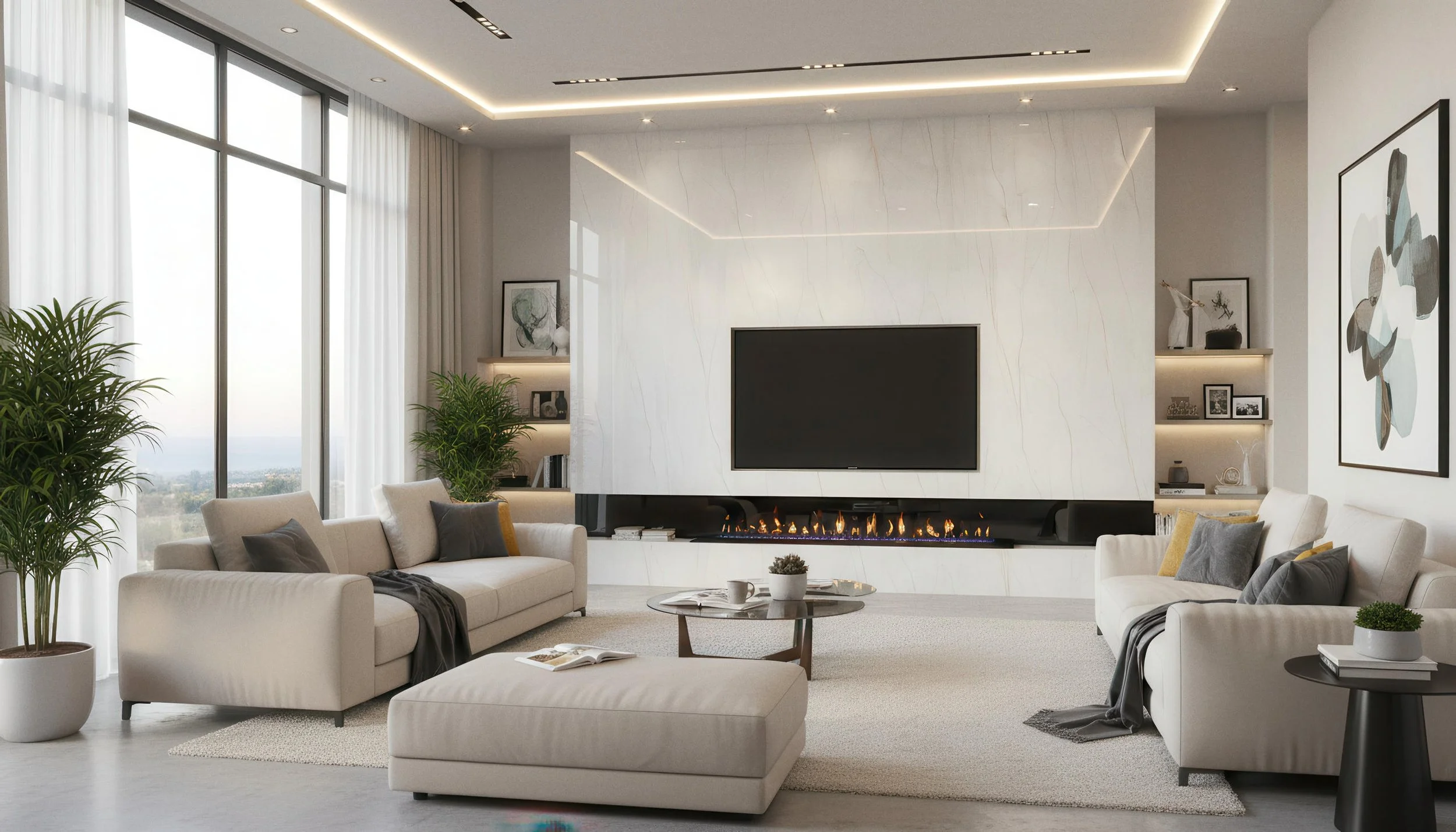 Modern Livingroom With Statuario Pearl 4x9 Porcelain Slab Fireplace Feature wall | CIERO