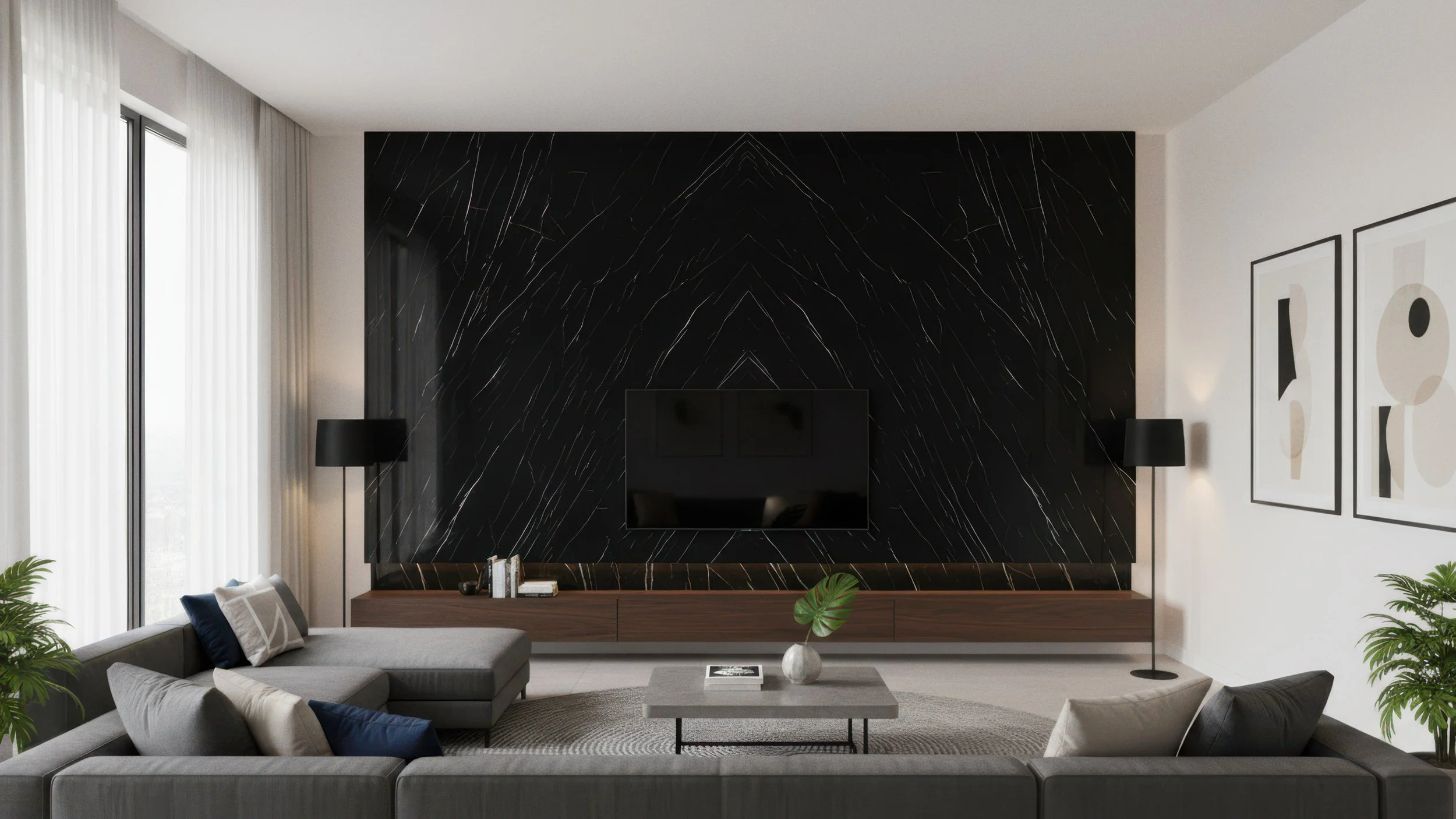 Modern Livingroom bookmatch design featurewall with black porcelain slab made with Laminam Nero Marquina Extra Porcelain Slab