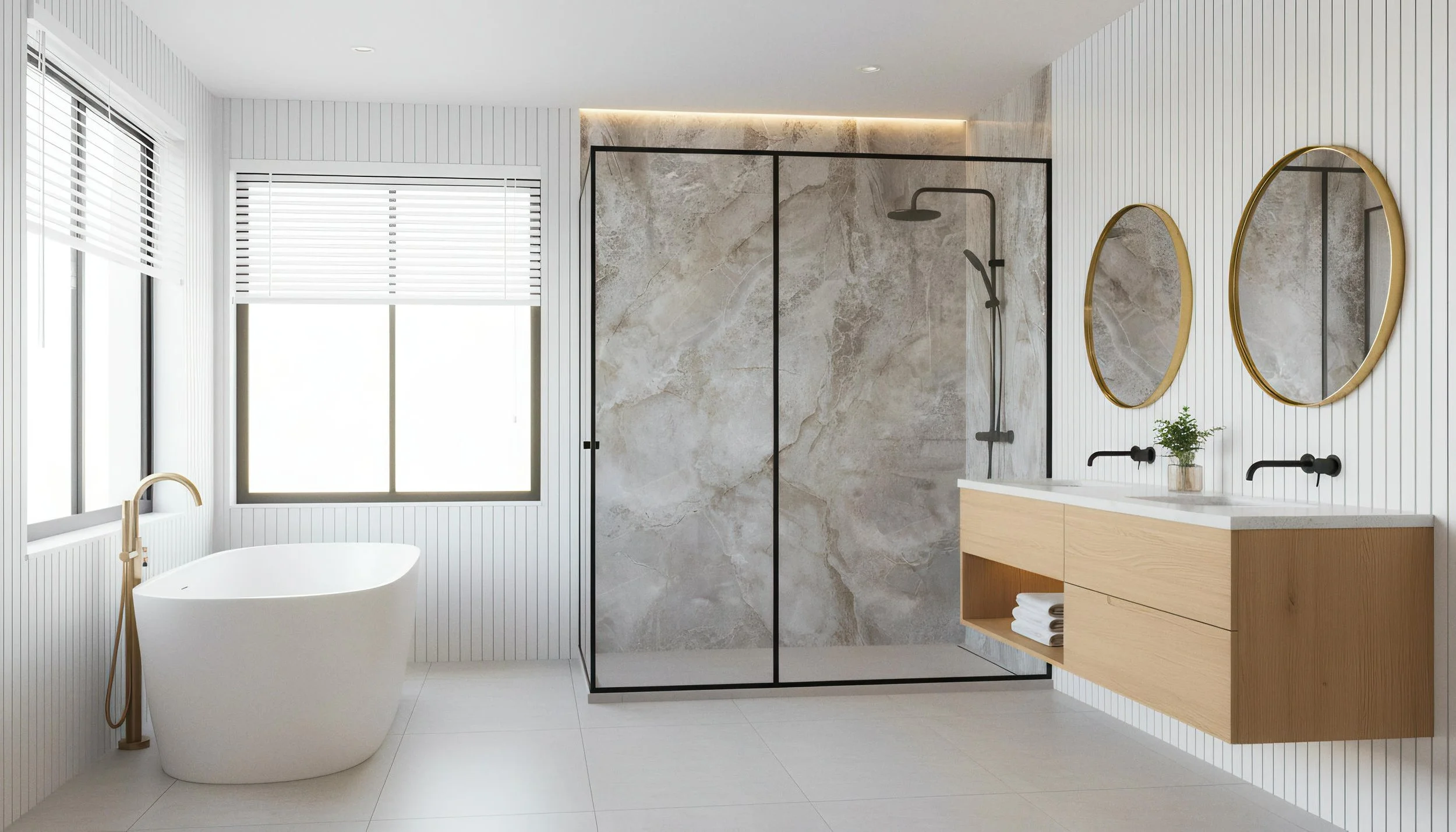 Modern Bathroom With Diamond Beige 4x9 Porcelain Slab Shower Wall | CIERO
