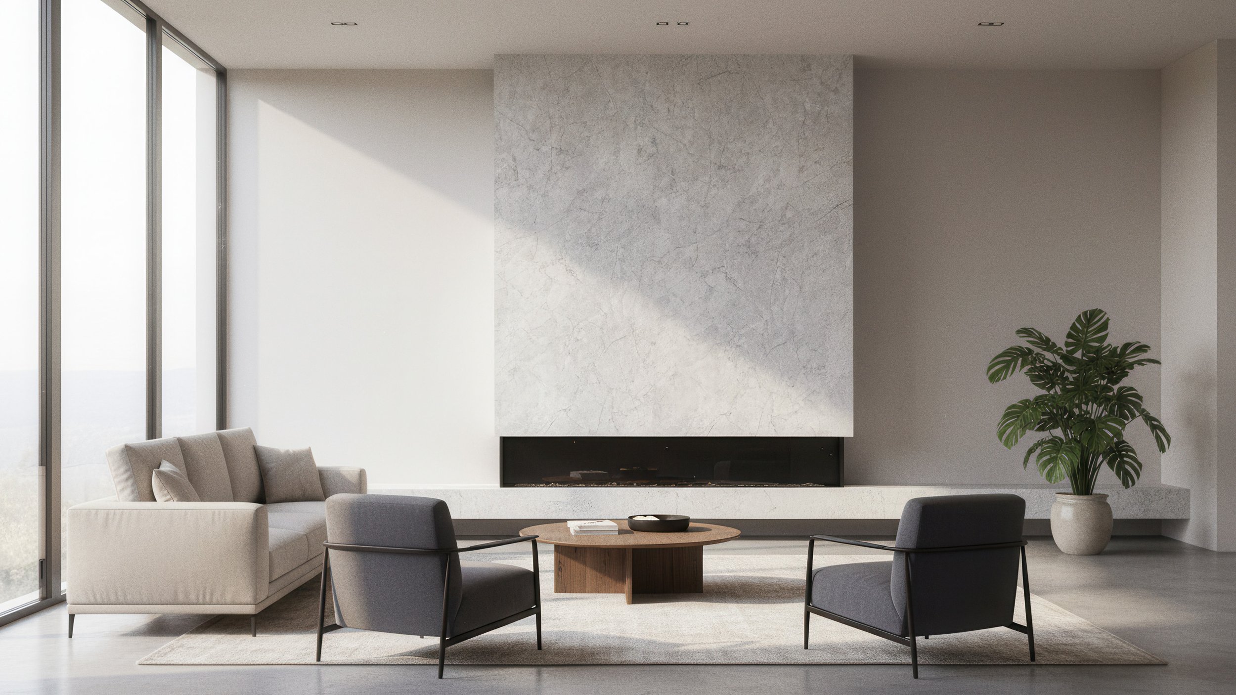 Modern Livingroom with Fireplace Featurewall ,made with Super White Porcelain Sab 5x10 from CIERO INC