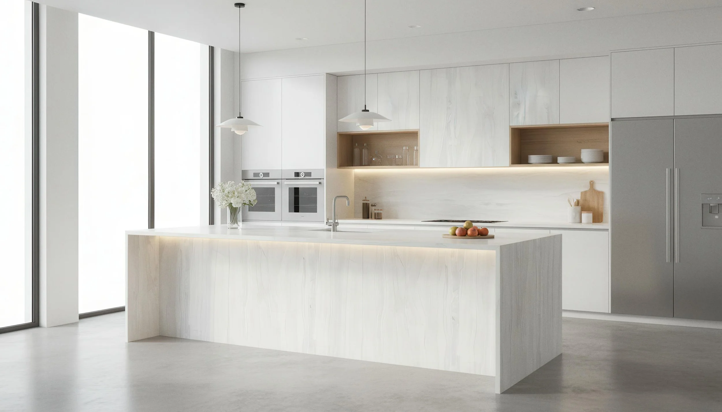 Modern Kitchen With Polaris White 4x9 Porcelain Slab island & Countertop | CIERO INC
