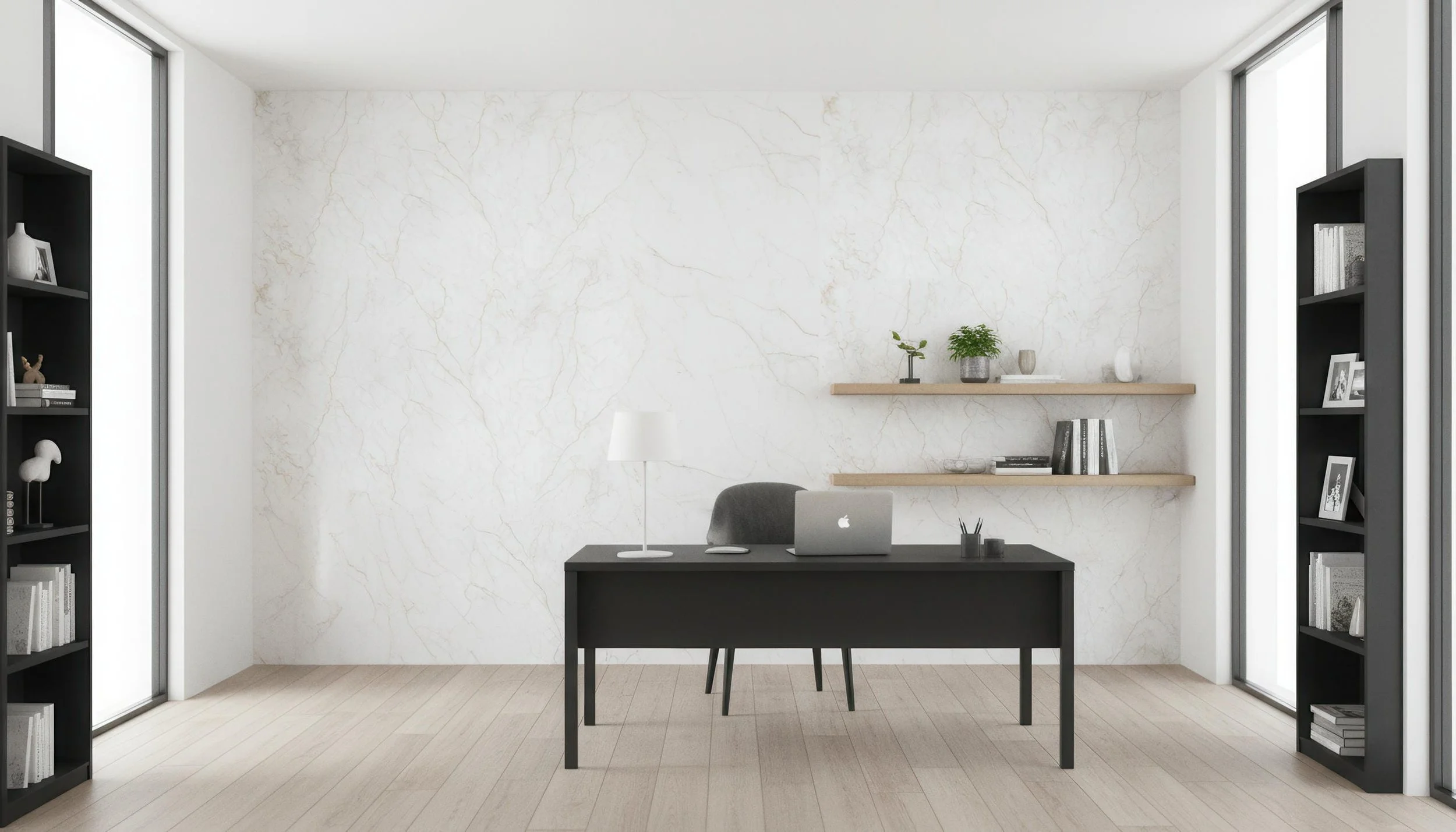 Modern Home Office with Zeus White 5x10 Porcelain Slab Featurewall | CIERO