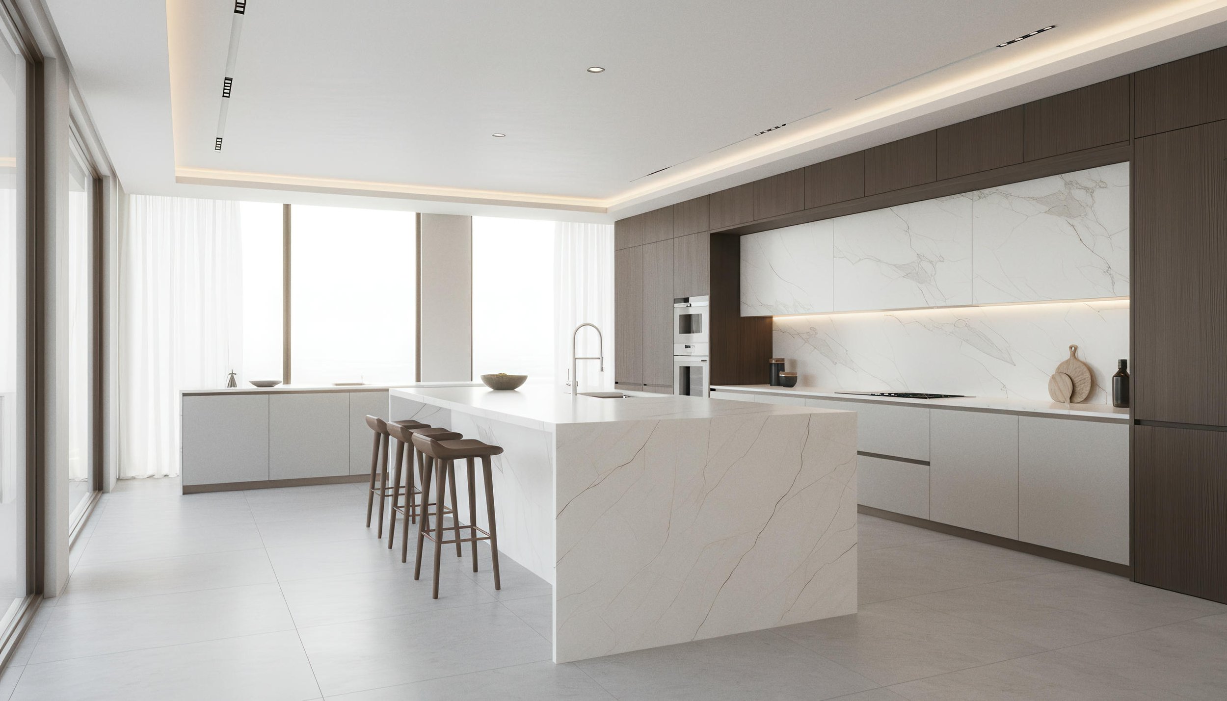 Modern Kitchen With Hurricane Beige 4x8 Porcelain Slab Kitchen Island | CIERO