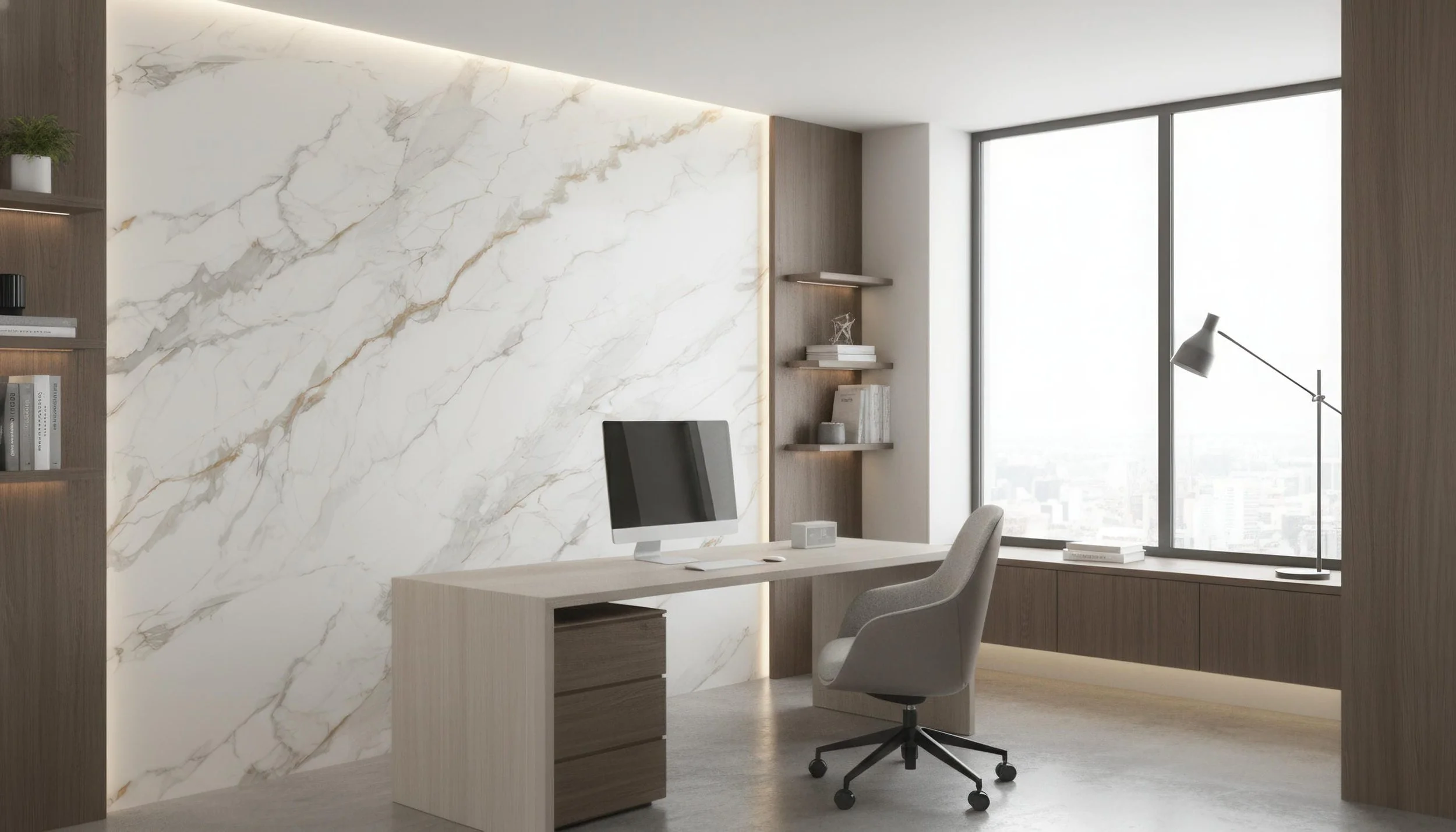 Modern Home Office with Calacatta Gold 5x10 Porcelain Slab  Featurewall| CIERO
