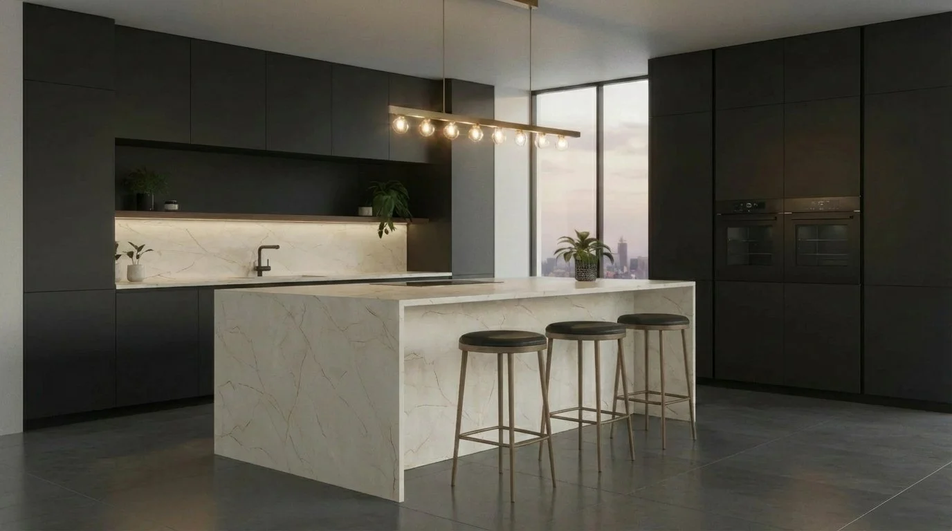 Modern Kitchen featuring Lighting Beige 5x10 Porcelain Slab on the Kitchen Island.
