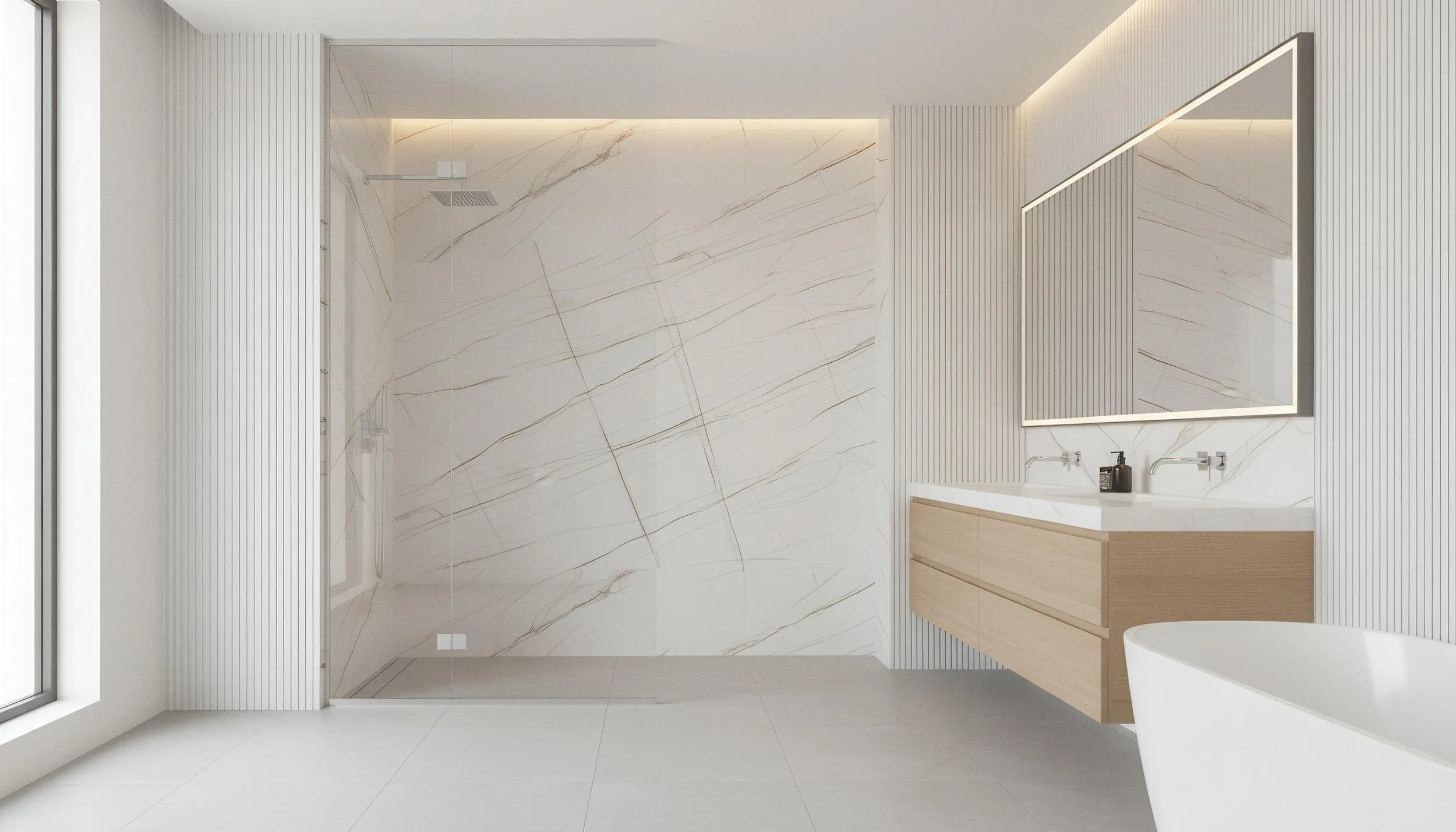 Modern bathroom With Laurent Gilded White Porcelain Slab 5x10 Shower Wall | CIERO INC