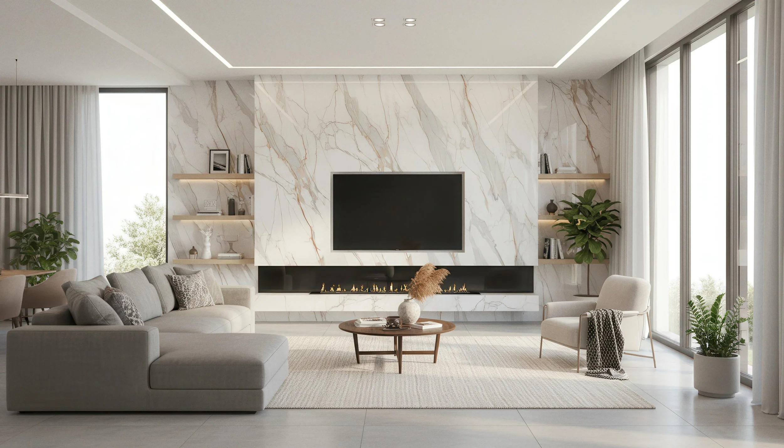Modern Livingroom With Viola Gold 4x9 Porcelain Slab Fireplace Featurewall | CIERO