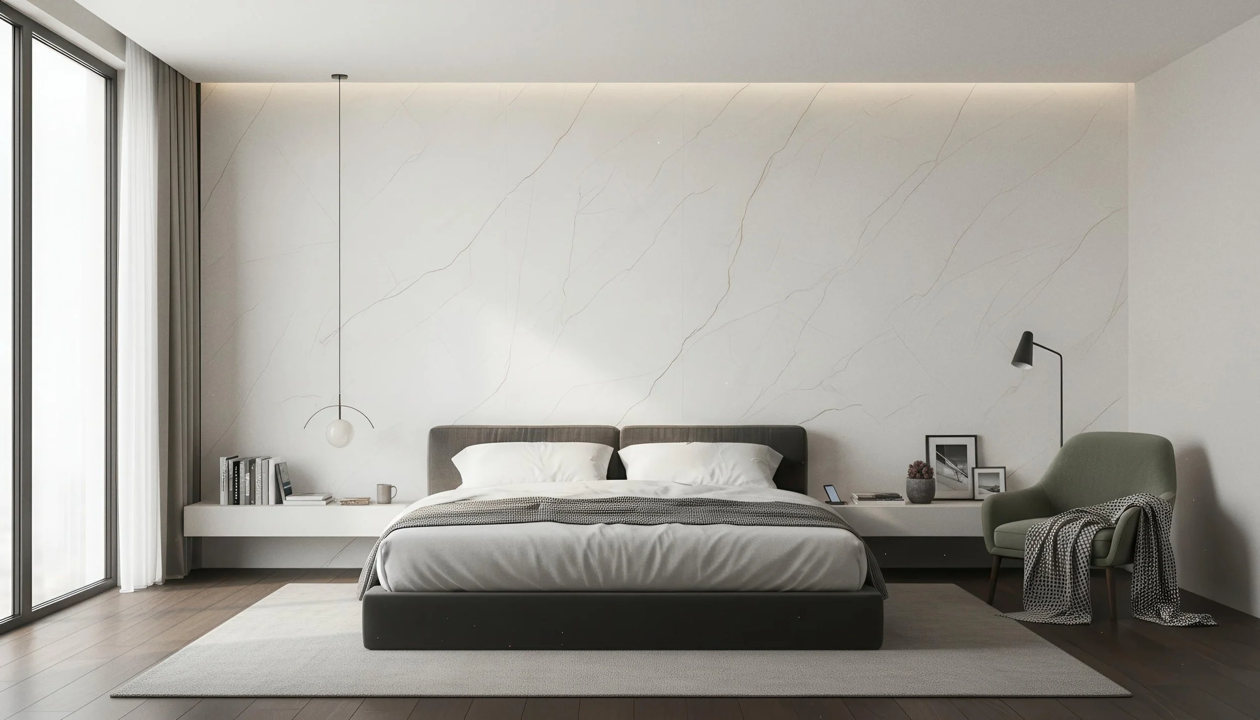 Modern Bedroom With Hurricane Beige 4x8 Porcelain Slab Accent Wall | CIERO