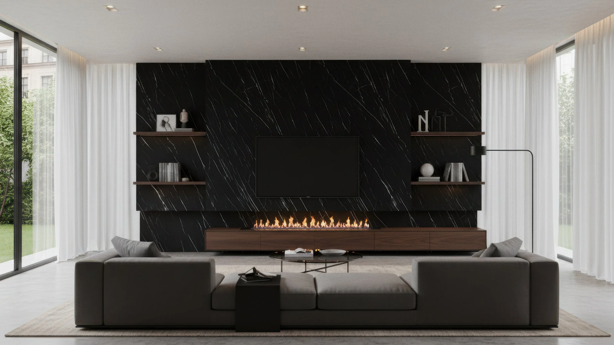 Modern Livingroom With Black Porcelain Slab Fireplace Feature wall made with Laminam Nero Marquina Extra