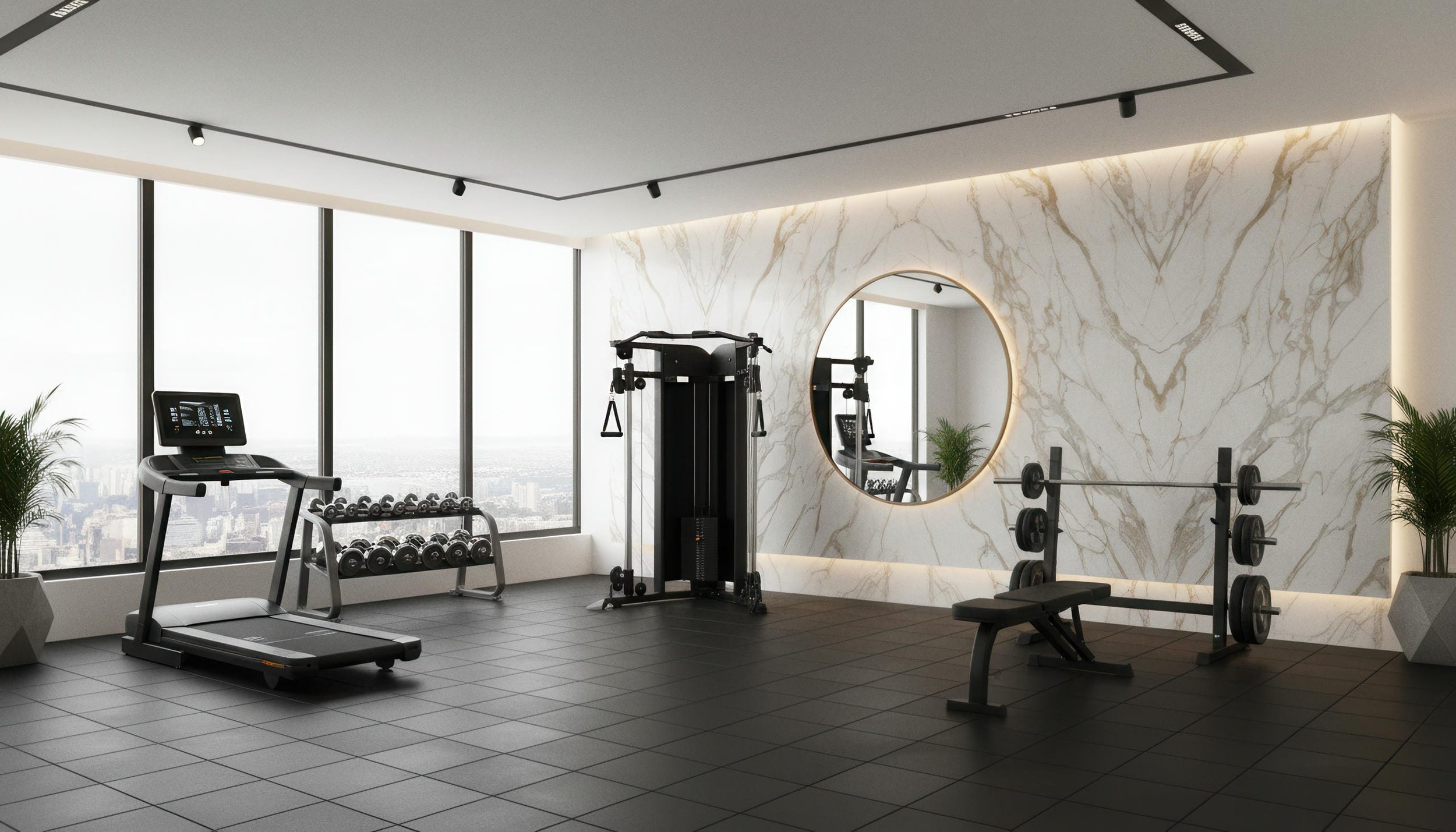 Modern Highrise indoor gym with Givenchy Gold 5x10 Porcelain Slab | CIERO