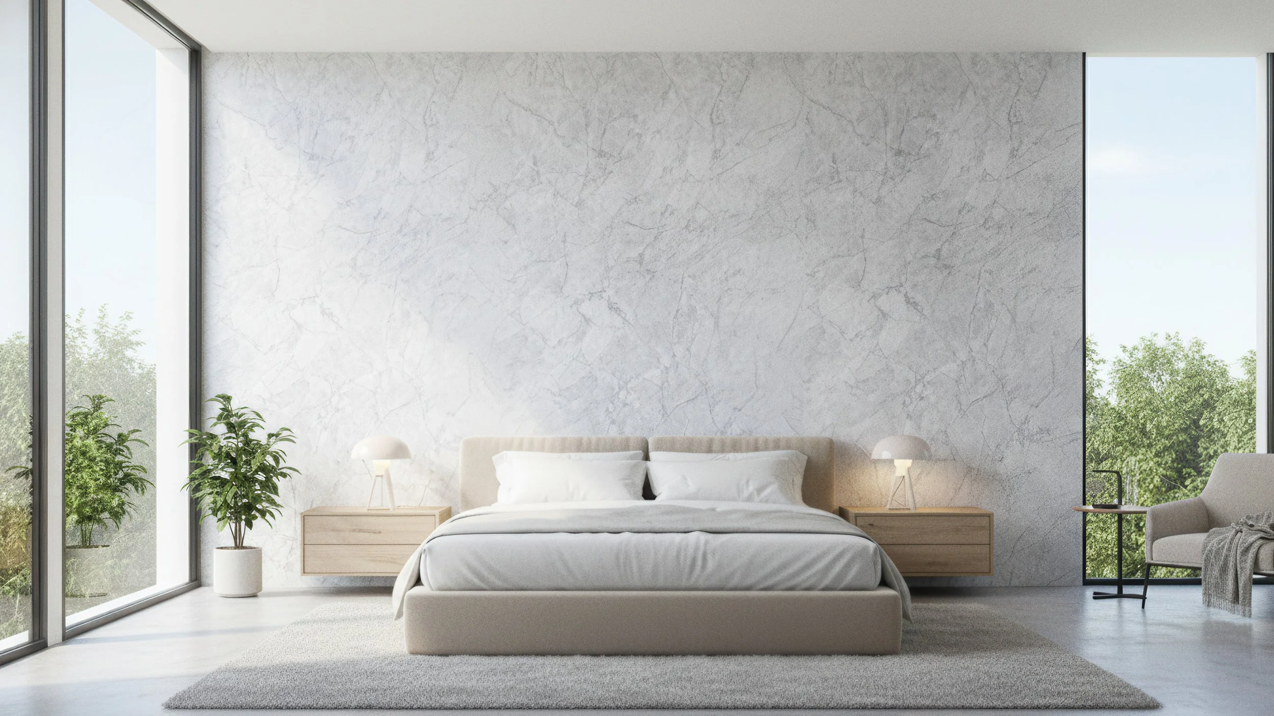 Modern Cottage Master Bedroom with Porcelain Slab Feature wall made with Super White Porcelain Slab 5x10 from CIERO INC