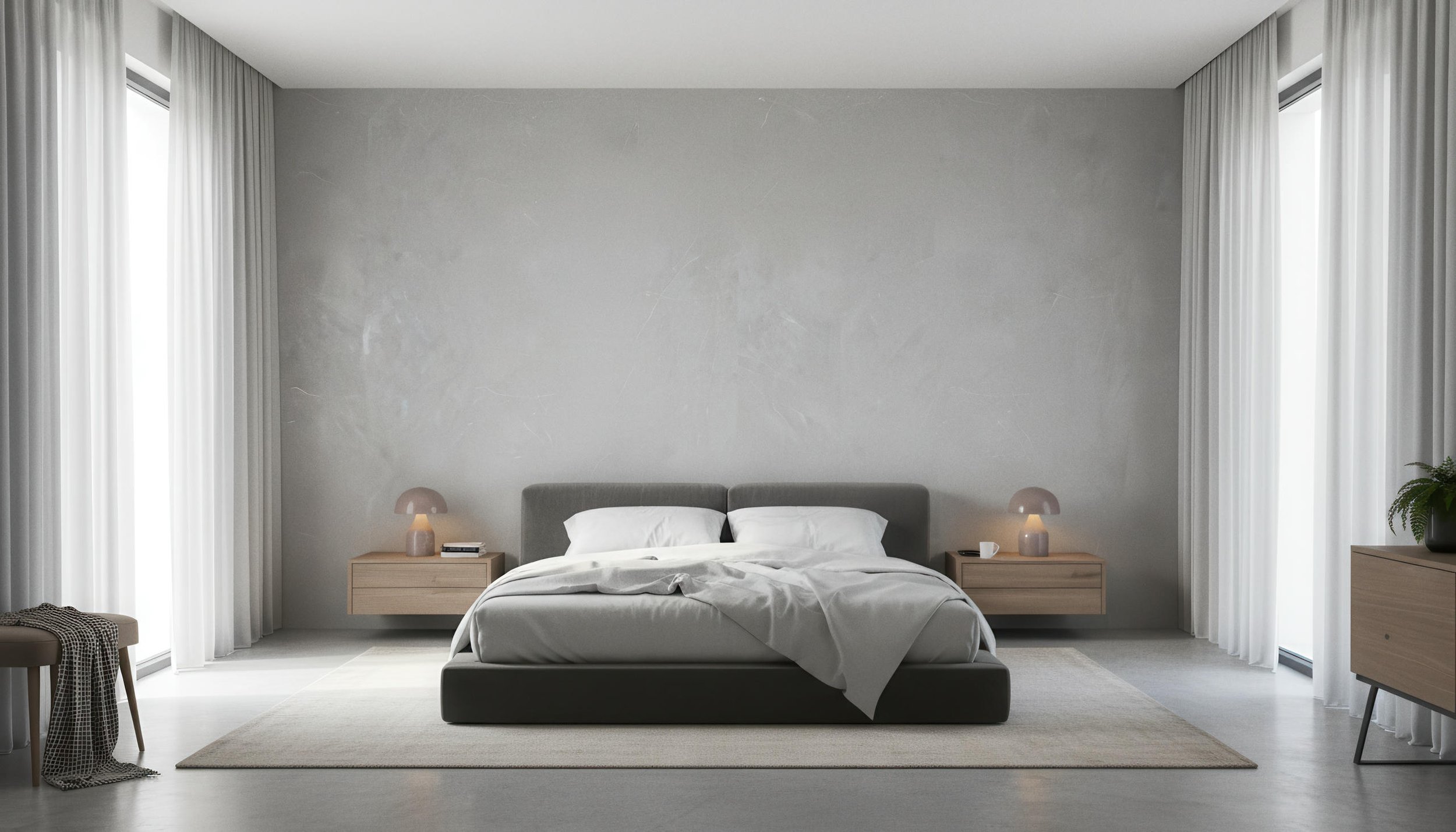 Modern Bedroom With Pulpis Grey 4x9 Porcelain Slab Accent Wall | CIERO