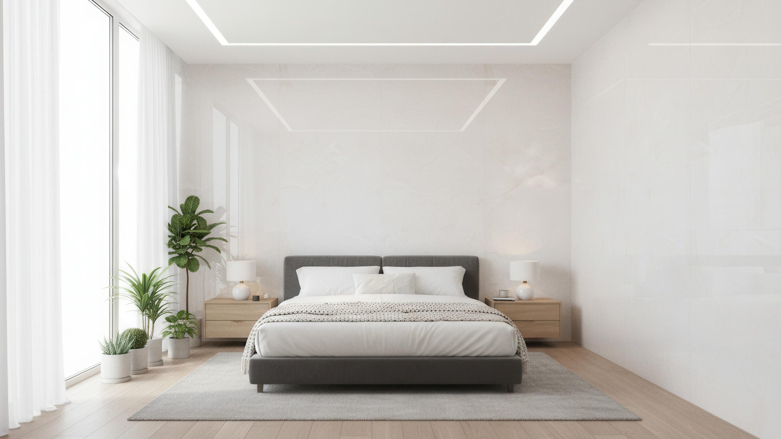 Modern Bedroom With Porcelain Slab Featurewall Utilizing Glacier 5x10 Porcelain Slab from CIERO INC