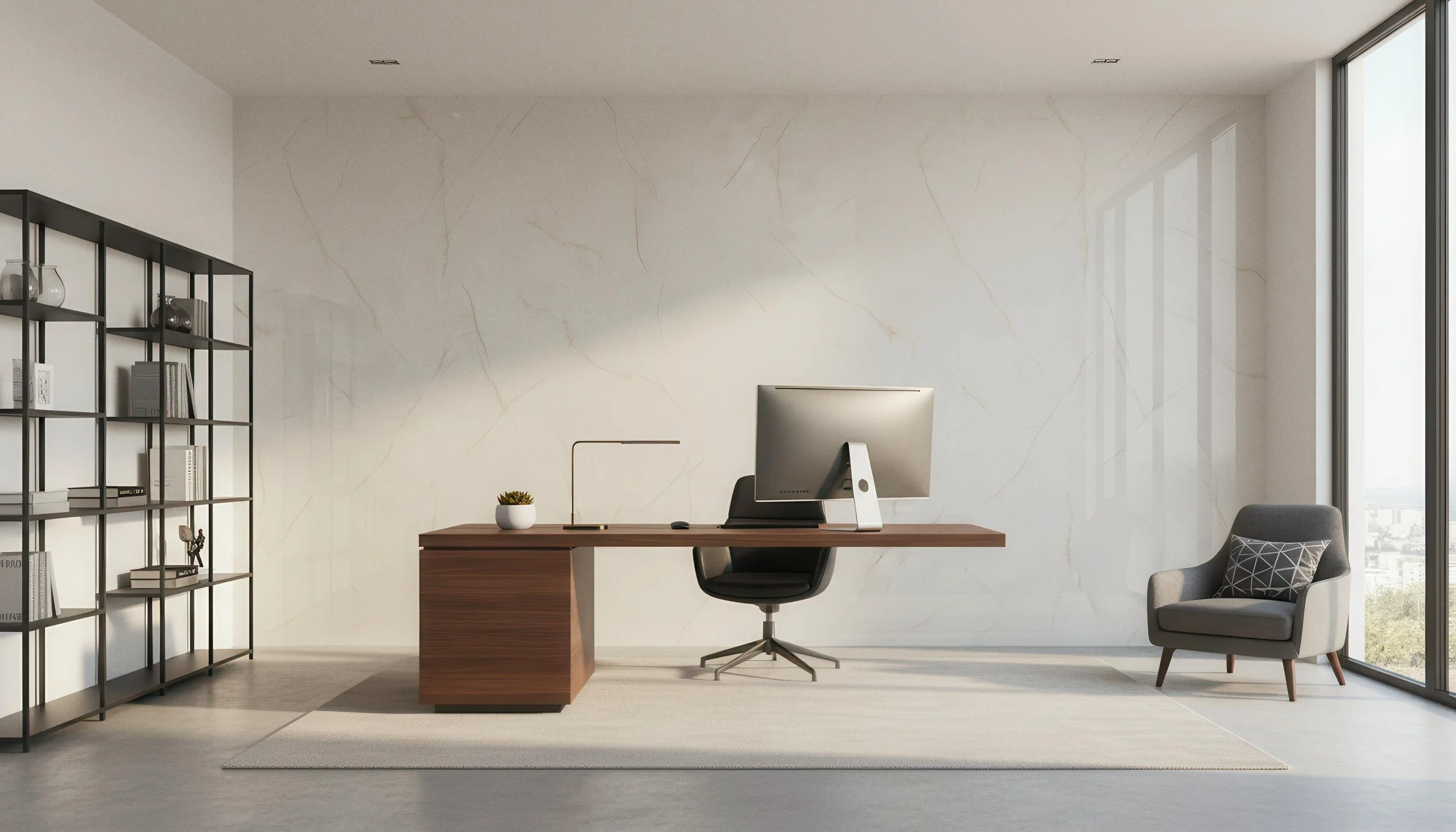 Modern Home Office With Onyx Light 4x10 Porcelain Slab Back Wall | CIERO