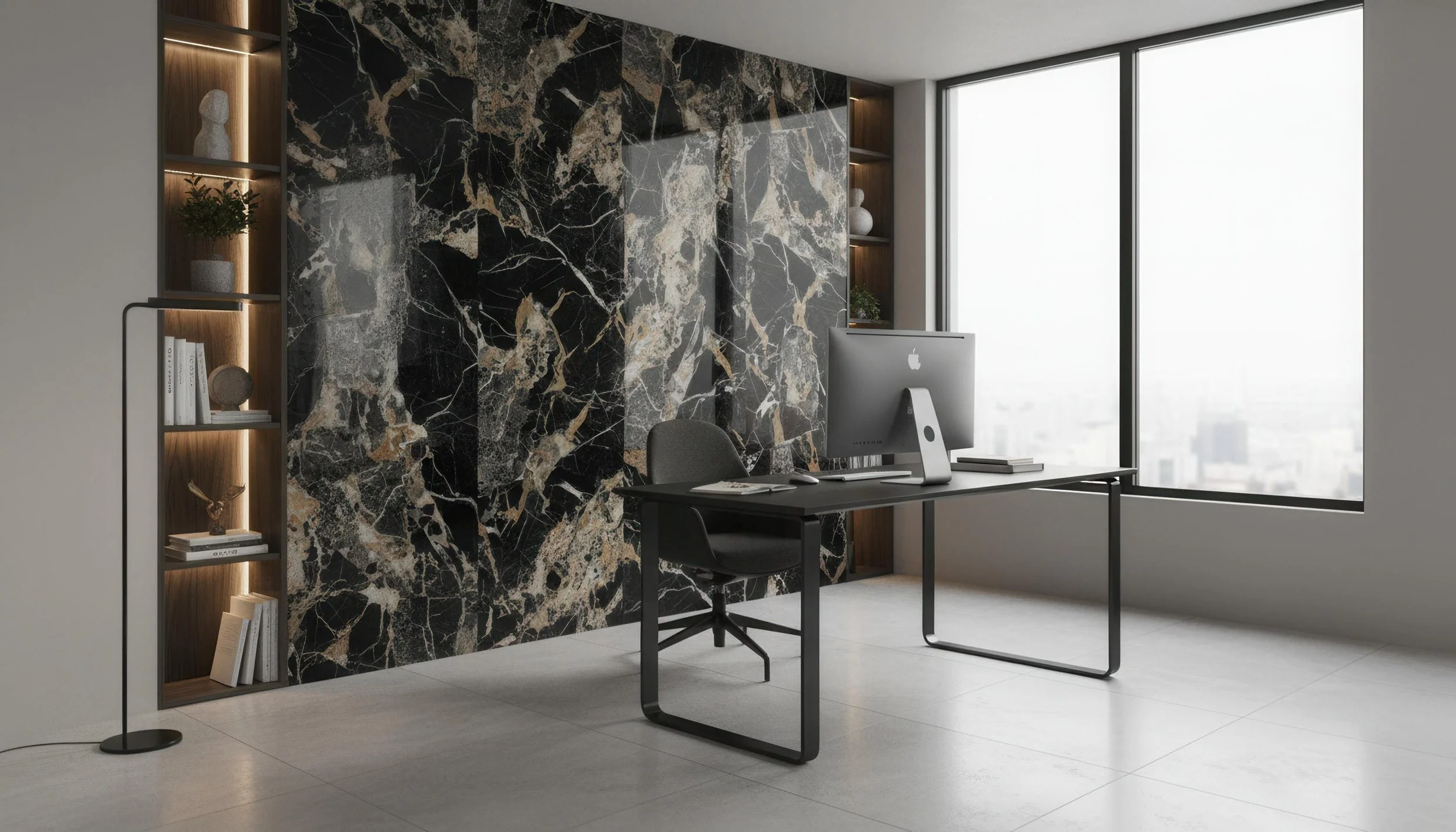 Modern Home Office with Ankara Golden 5x10 Porcelain Slab Feature Wall| CIERO