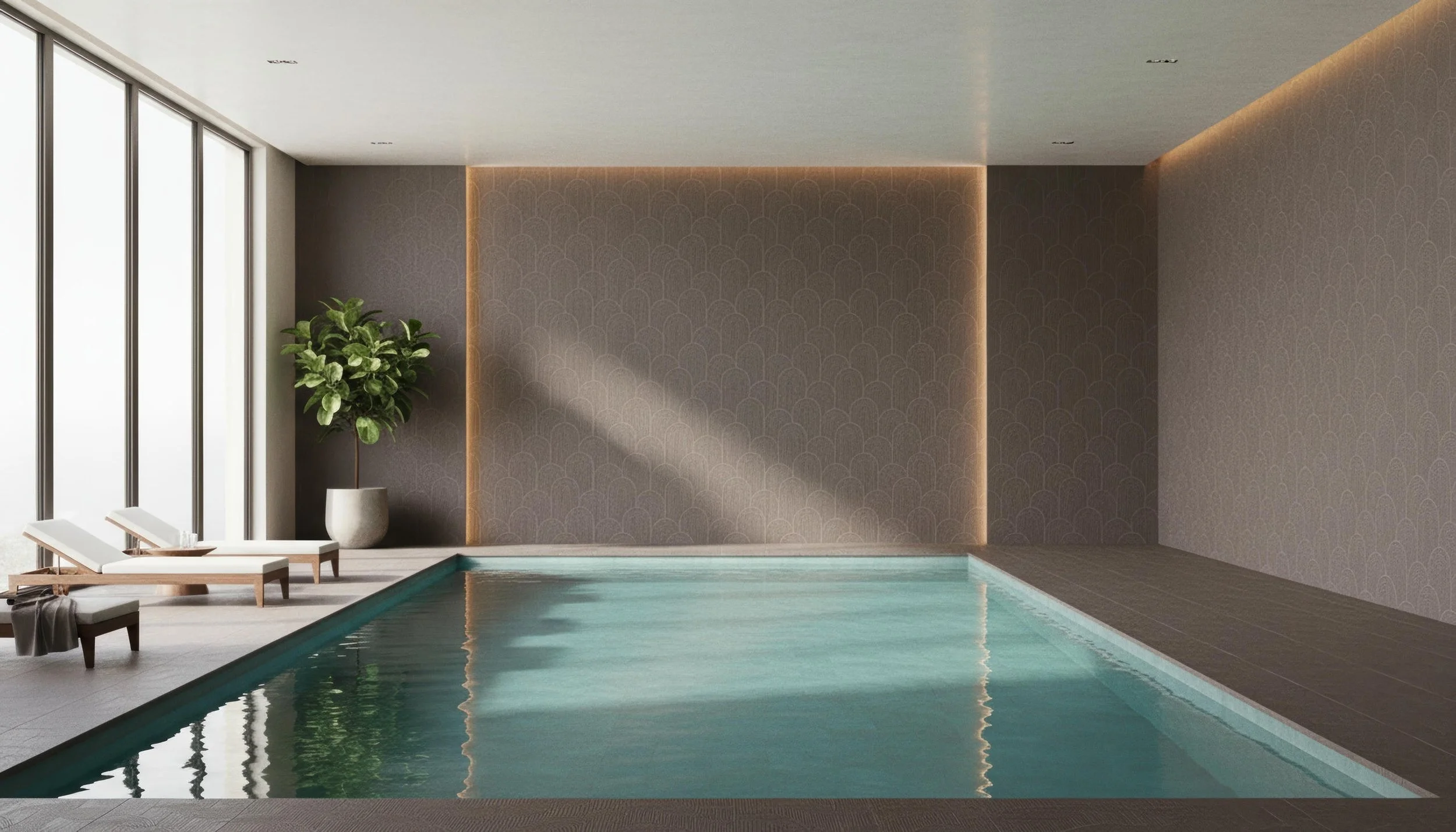 Modern Indoor Pool With Zen Crest Opal 80cm x 260cm Porcelain Slab Cladding | CIERO