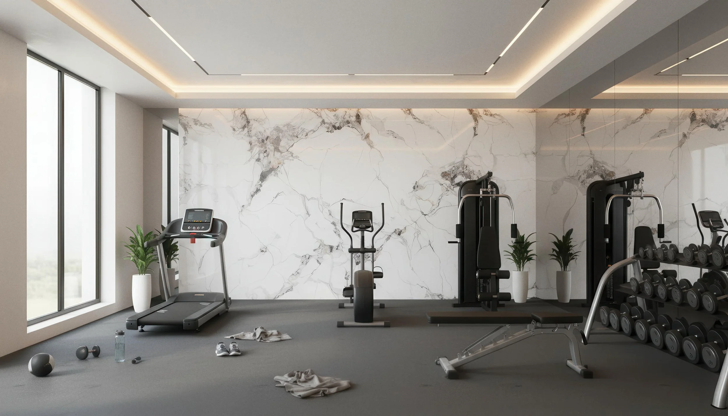Modern Gym Setup With Arden Gold 4x9 Porcelain Slab Accent Wall | CIERO INC